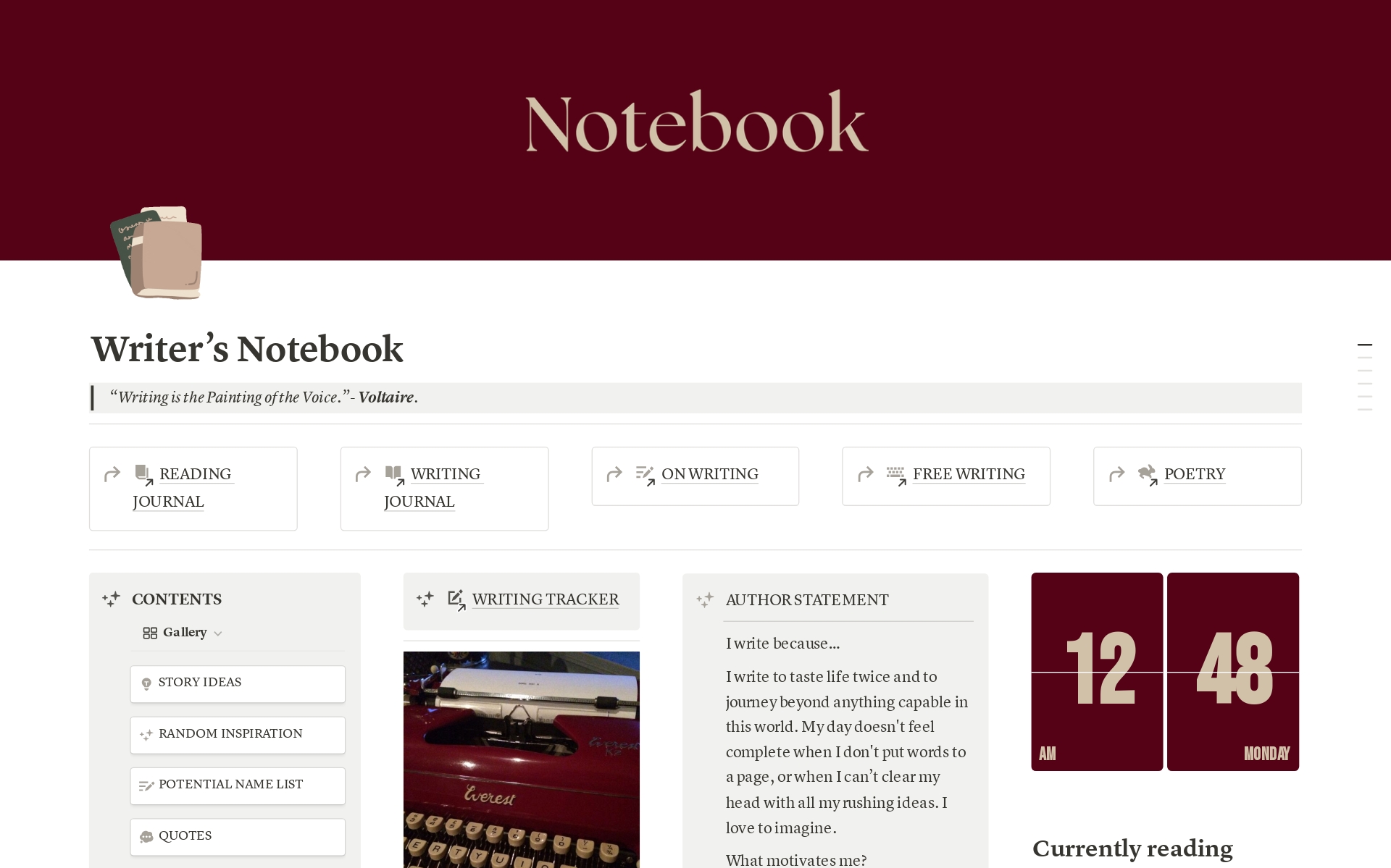 GET EVERYTHING YOU NEED IN A WRITERS NOTEBOOK AND MORE! WELCOME THE ULTIMATE NOTION TEMPLATE FOR WRITERS! ORGANIZE YOUR PROJECTS AND BECOME A BETTER WRITER WITH THIS TEMPLATE BUILT TO COMPACT EVERYTHING YOU NEED AS A WRITER AND MORE! INCLUDES BOOK LIBRARY AND VIDEO TURORAL!