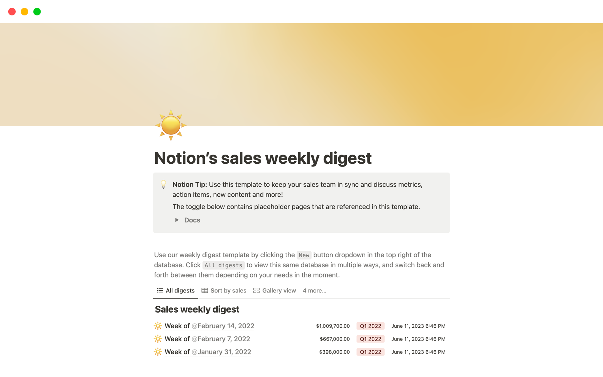 A template preview for Sales weekly digest