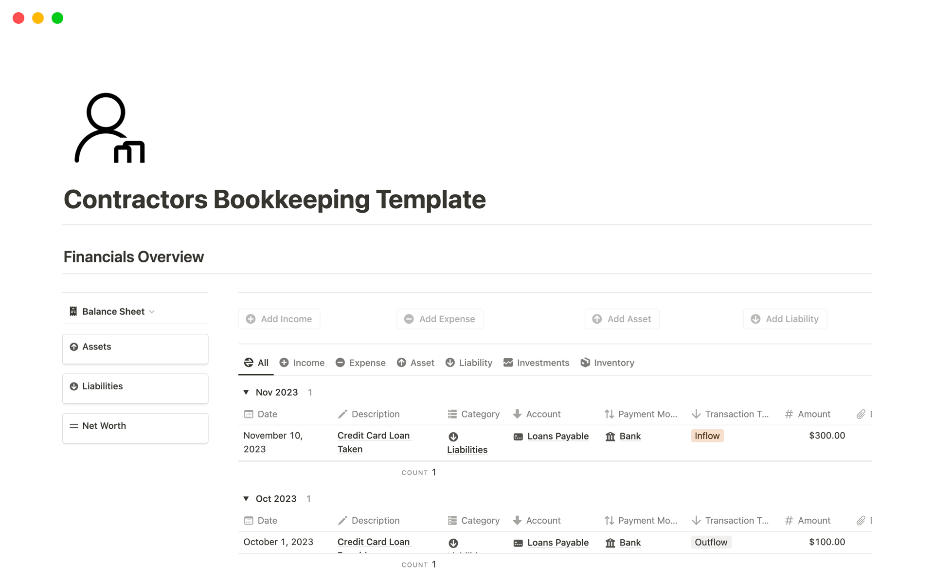 This bookkeeping template provides best solution for contractors to manage their business finances, produce income statement, balance sheet, cash flow statement and much more on a periodical basis.