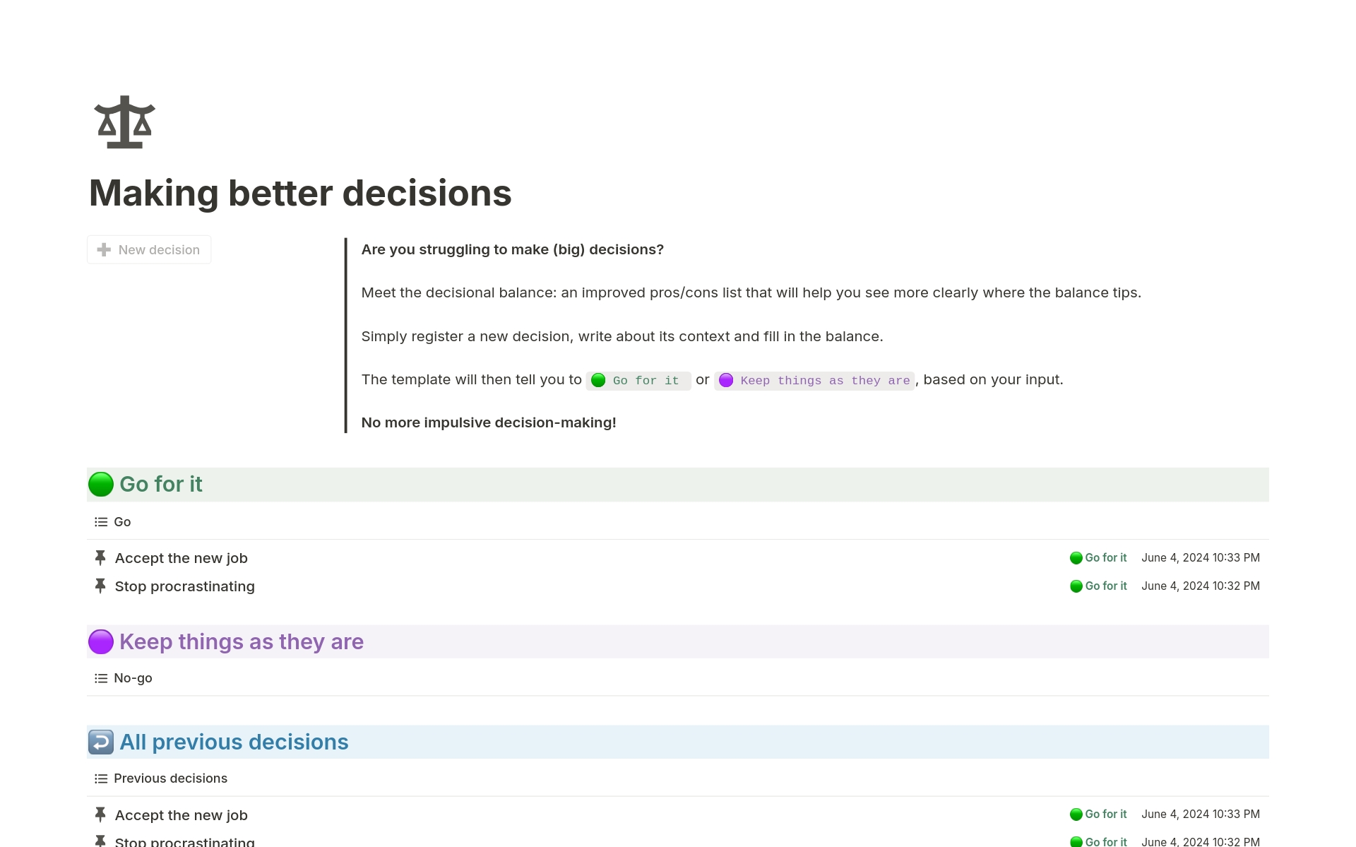 A template preview for Making better decisions
