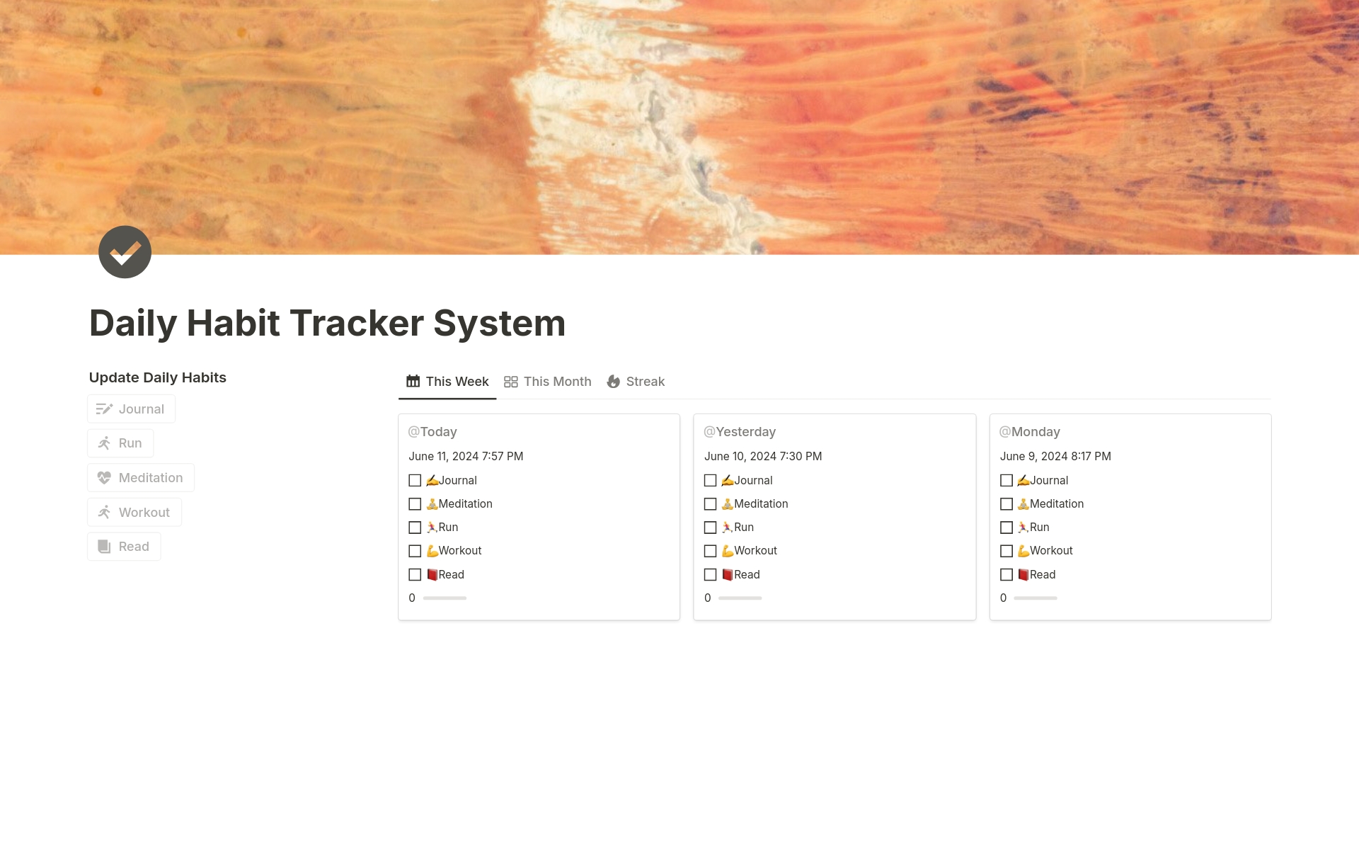 En förhandsgranskning av mallen för Daily Habit Tracker System