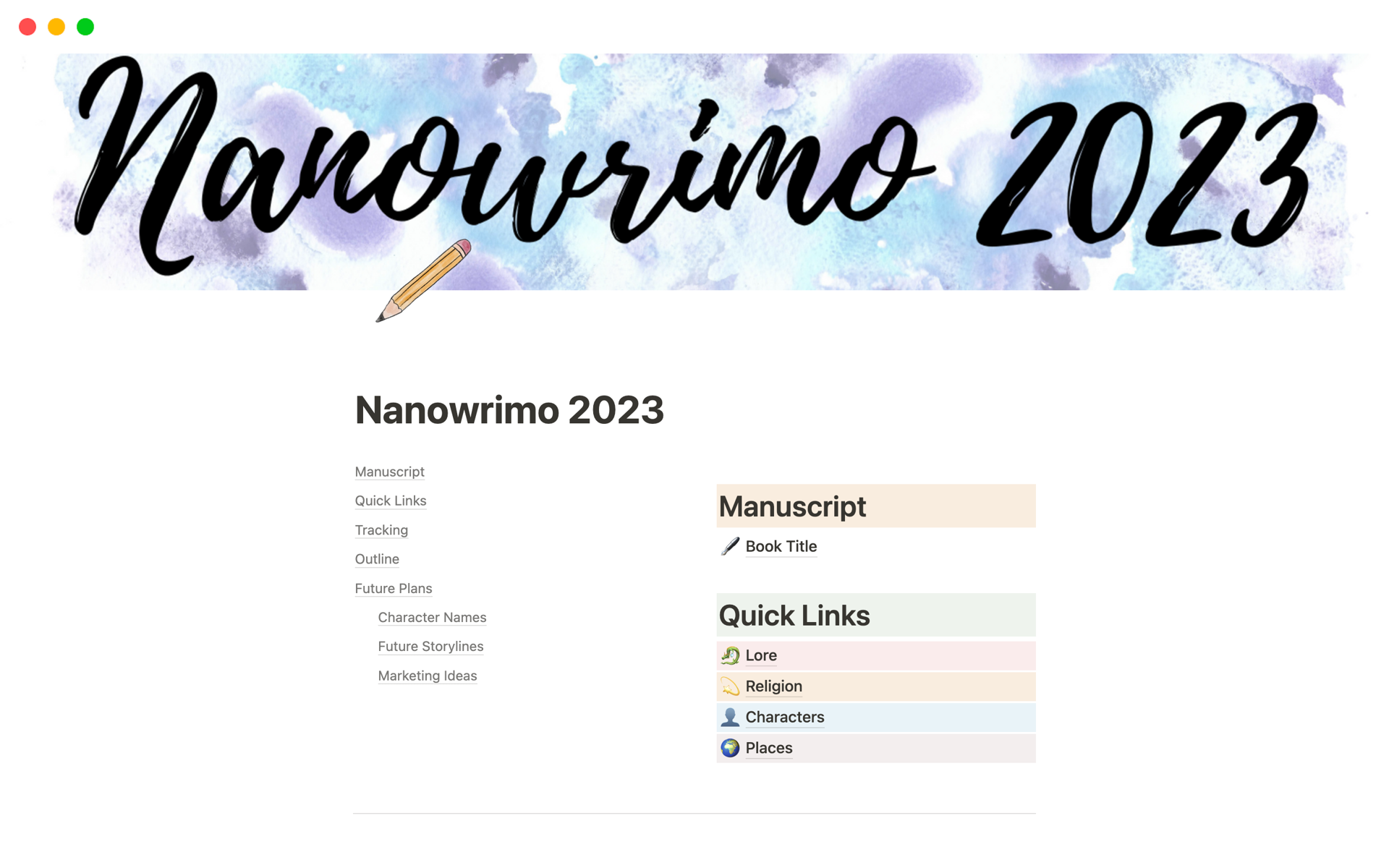 En förhandsgranskning av mallen för Nanowrimo 2023