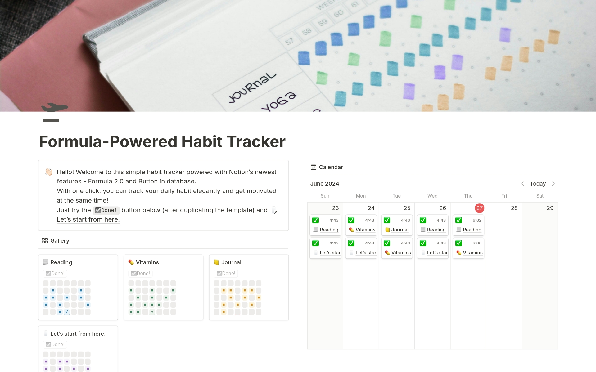 En forhåndsvisning av mal for Formula-Powered Habit Tracker