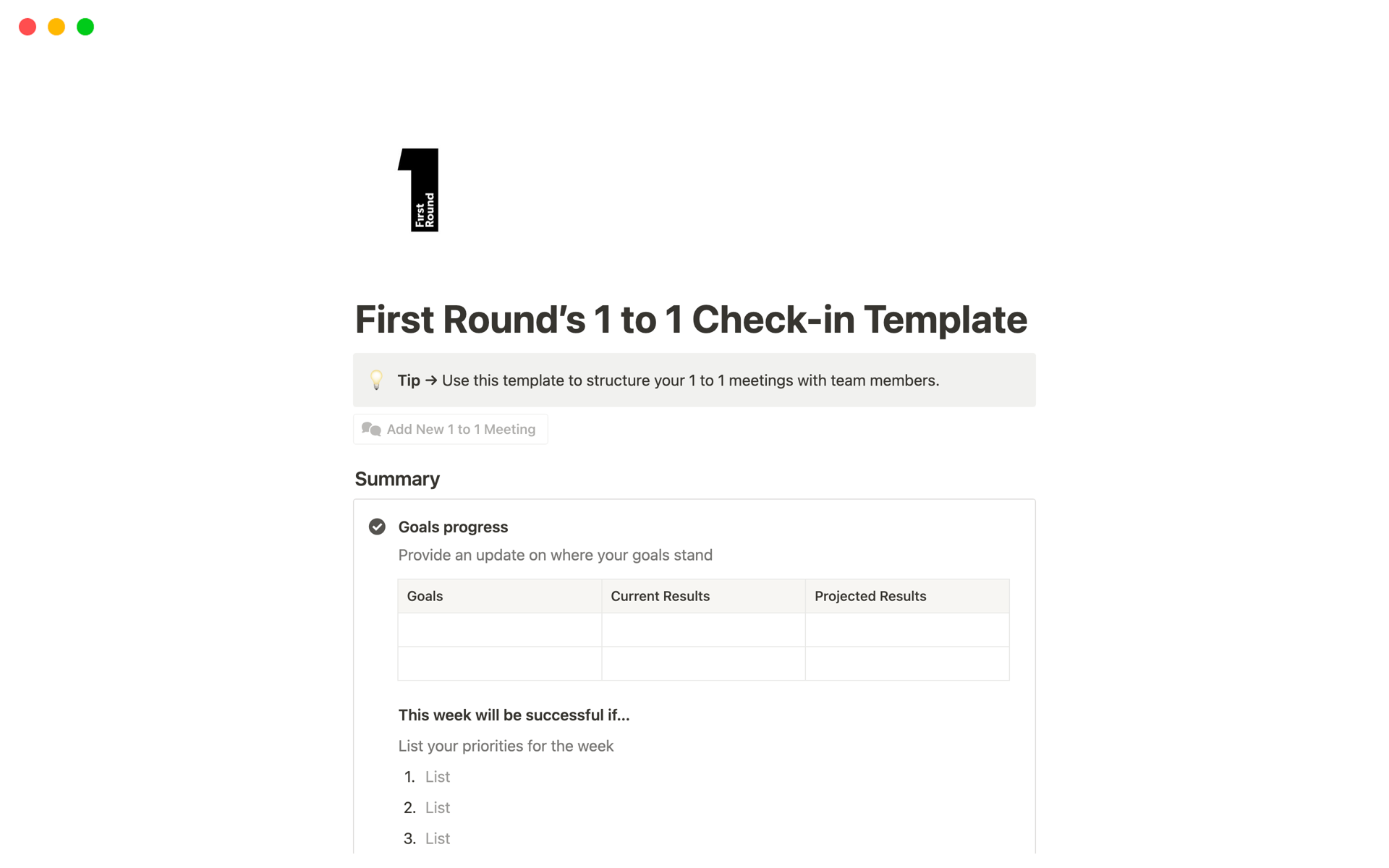 Efficiently structure 1-to-1 team meetings with this comprehensive template.
