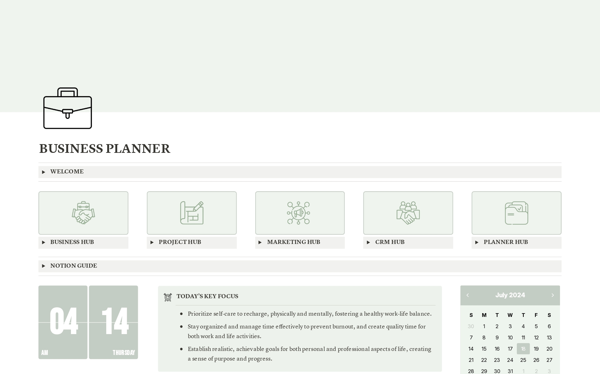 A template preview for Business Planner Sage Green