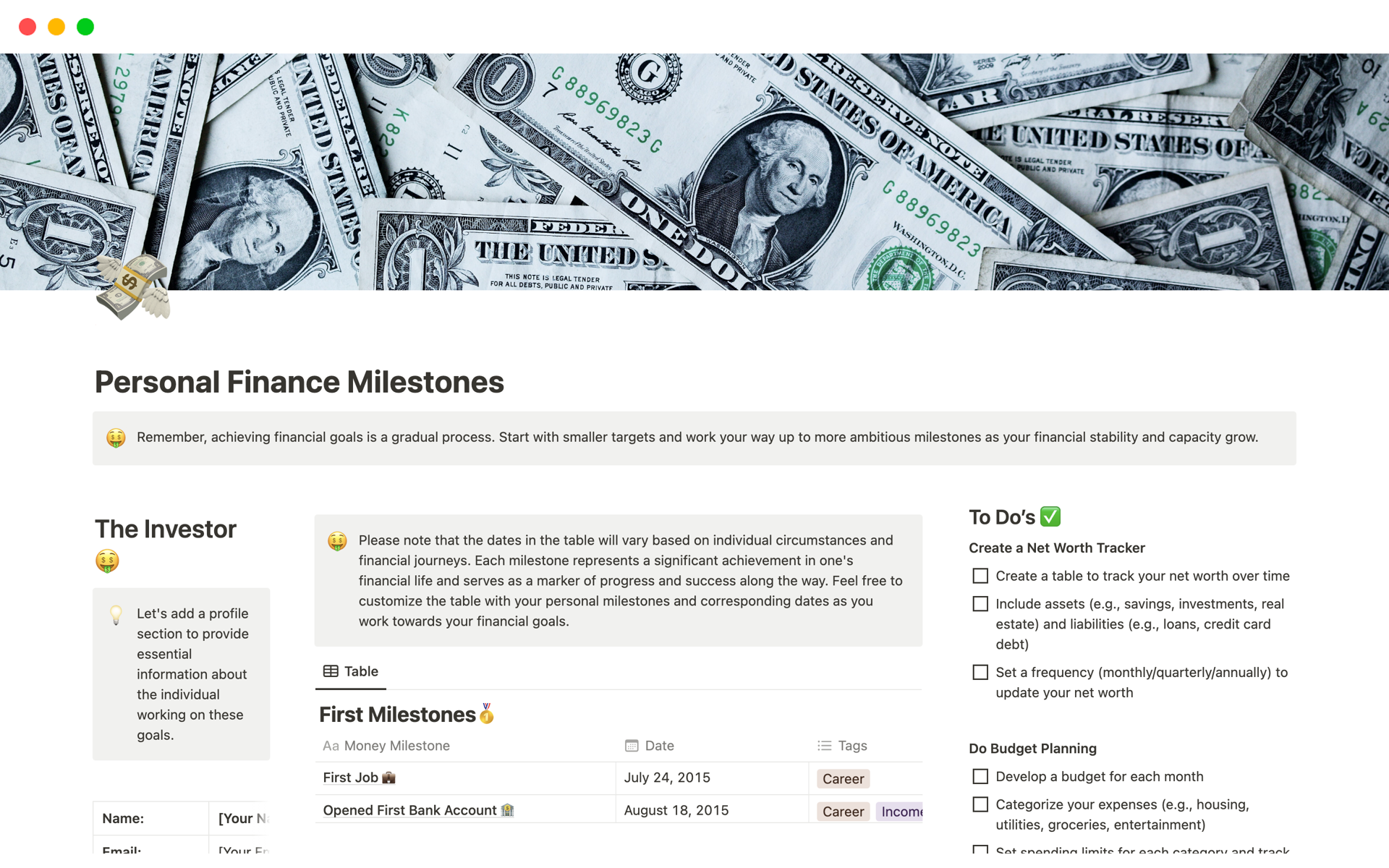 A template preview for Personal Finance Milestones