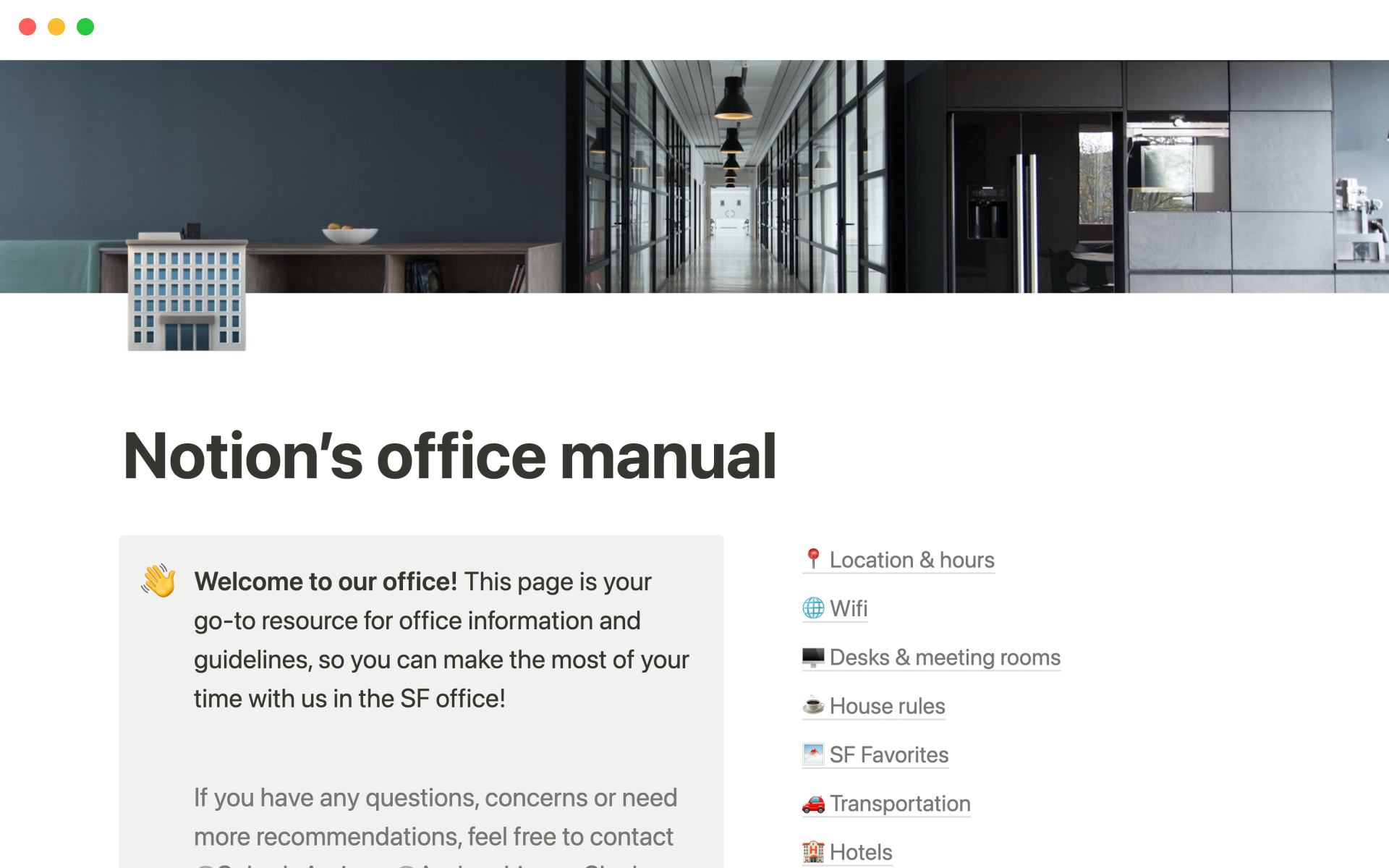 Vista previa de plantilla para Notion’s office manual