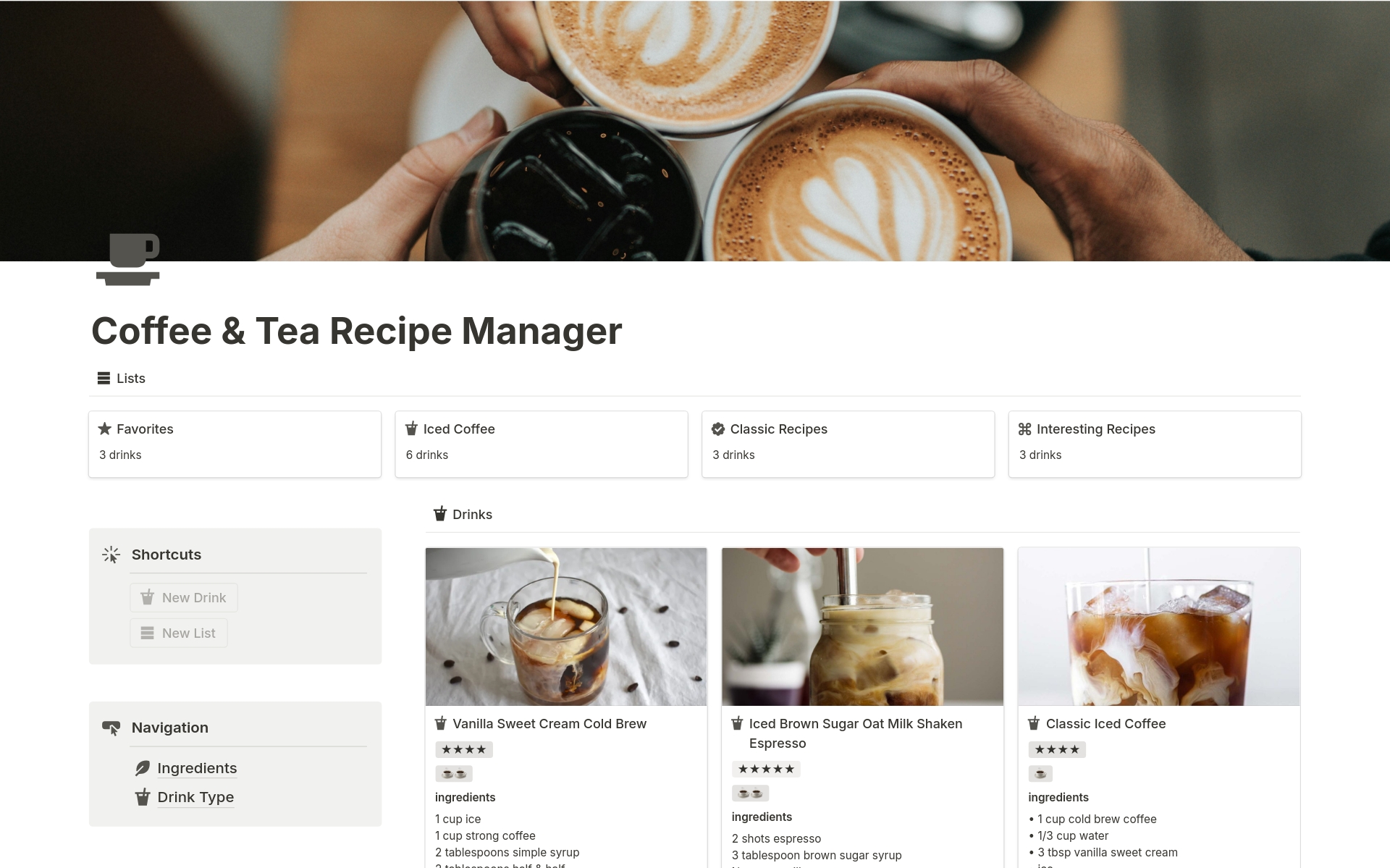 En förhandsgranskning av mallen för Coffee & Tea Recipe Manager