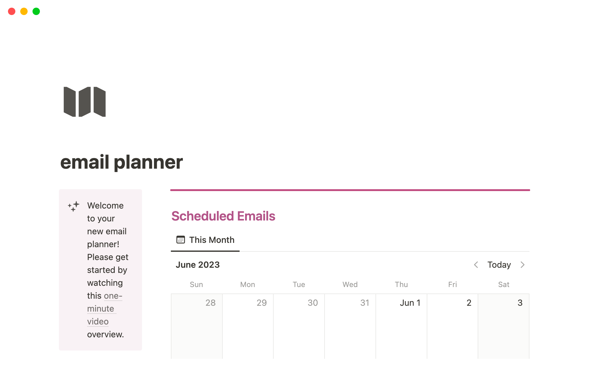En forhåndsvisning av mal for Email Planner Notion Template