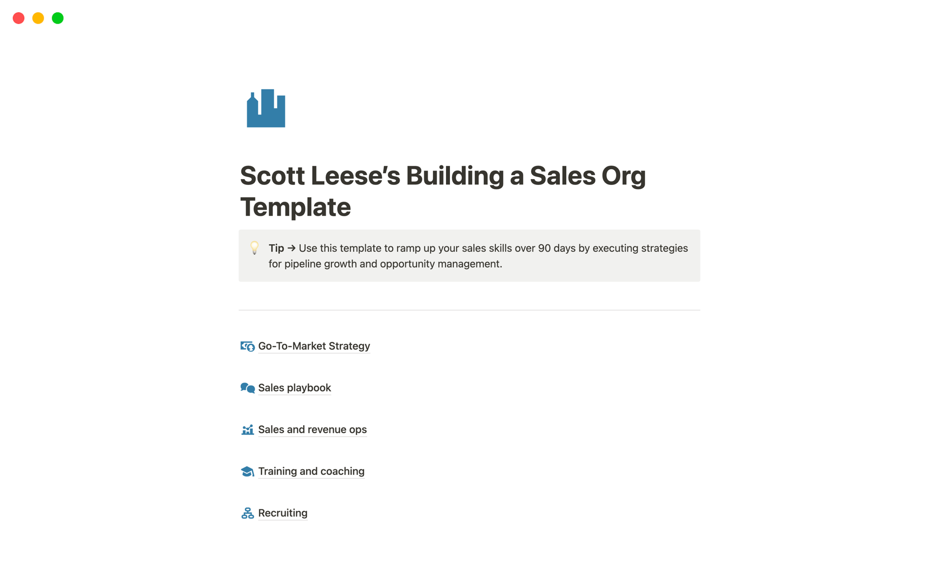 Vista previa de una plantilla para Building a Sales Org (In a Box)