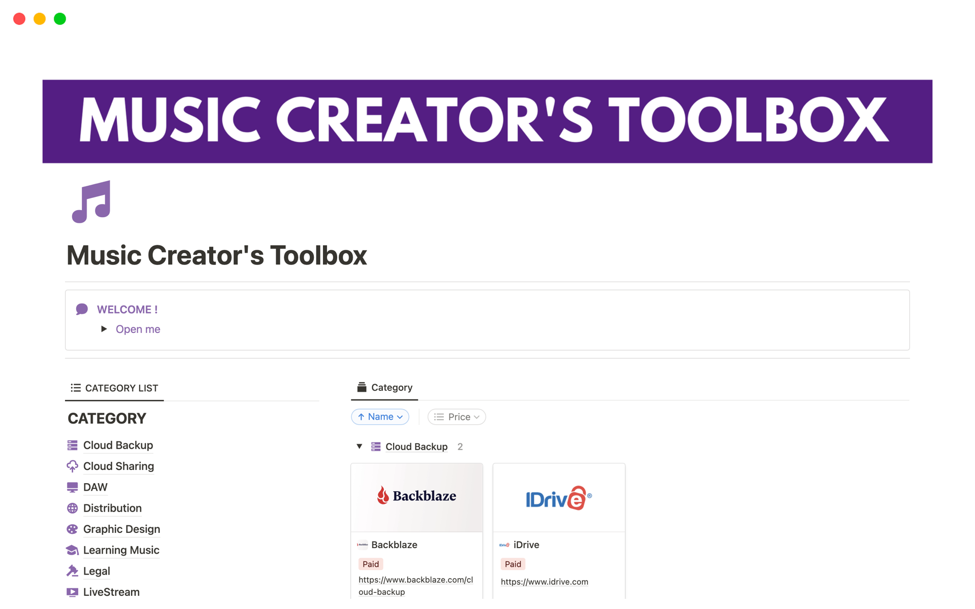 Eine Vorlagenvorschau für Music Creator's Toolbox