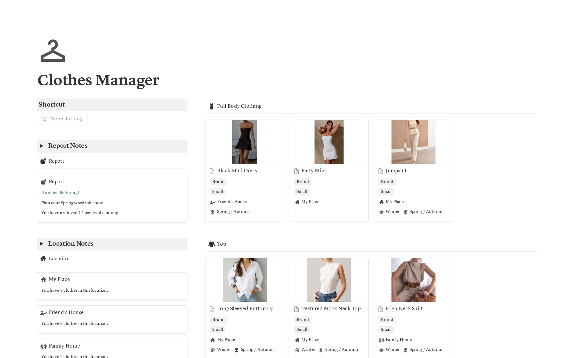 En forhåndsvisning av mal for Clothes Manager