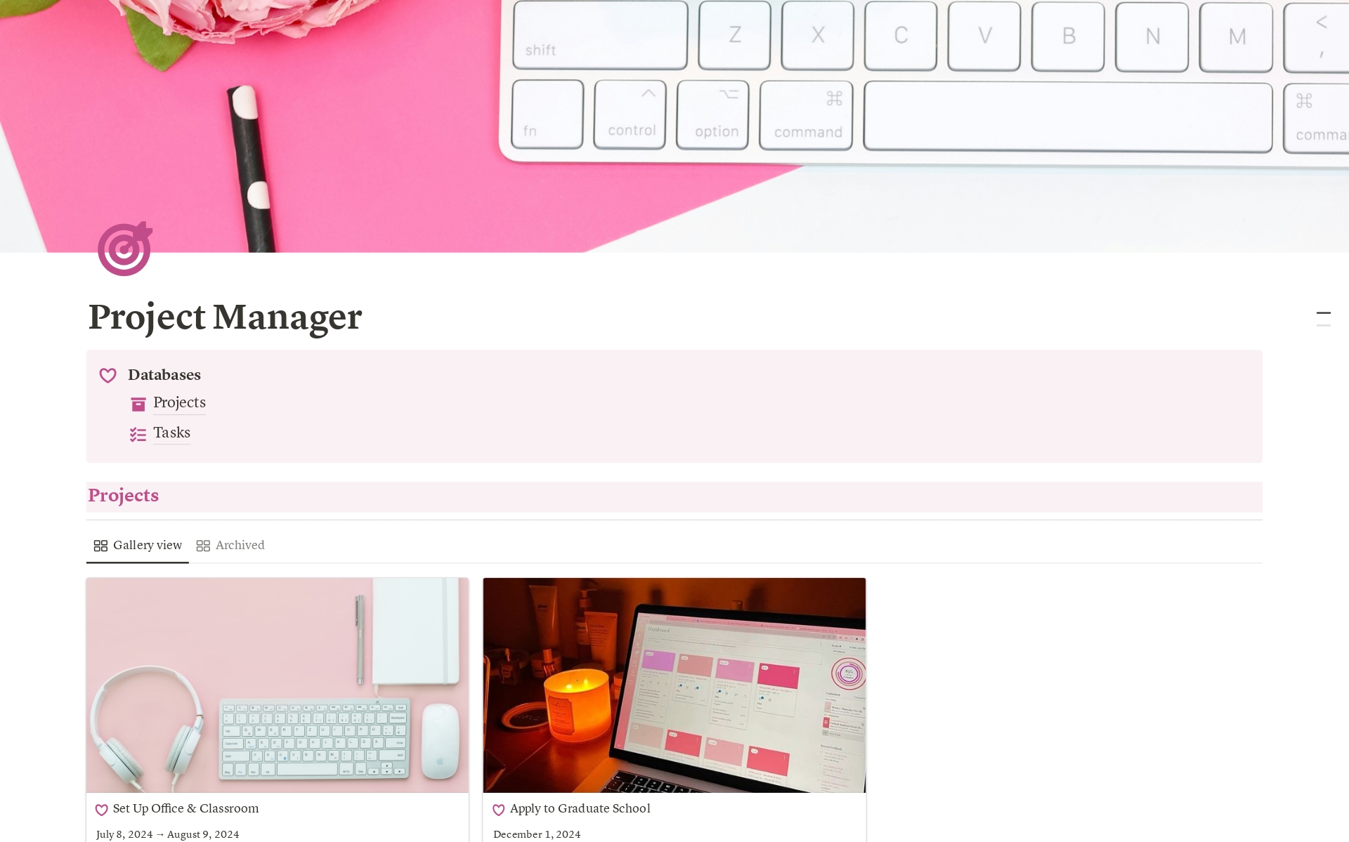 A template preview for Project Manager - Pink