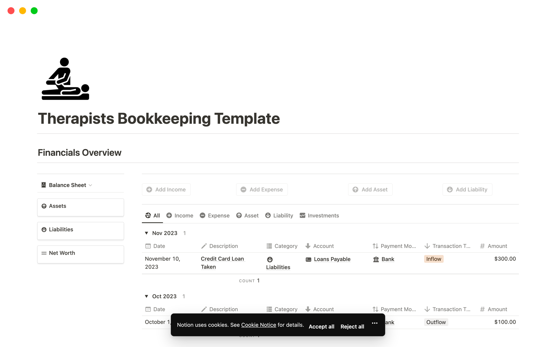 This bookkeeping template provides best solution for therapists to manage their business finances, produce income statement, balance sheet, cash flow statement and much more on a periodical basis.