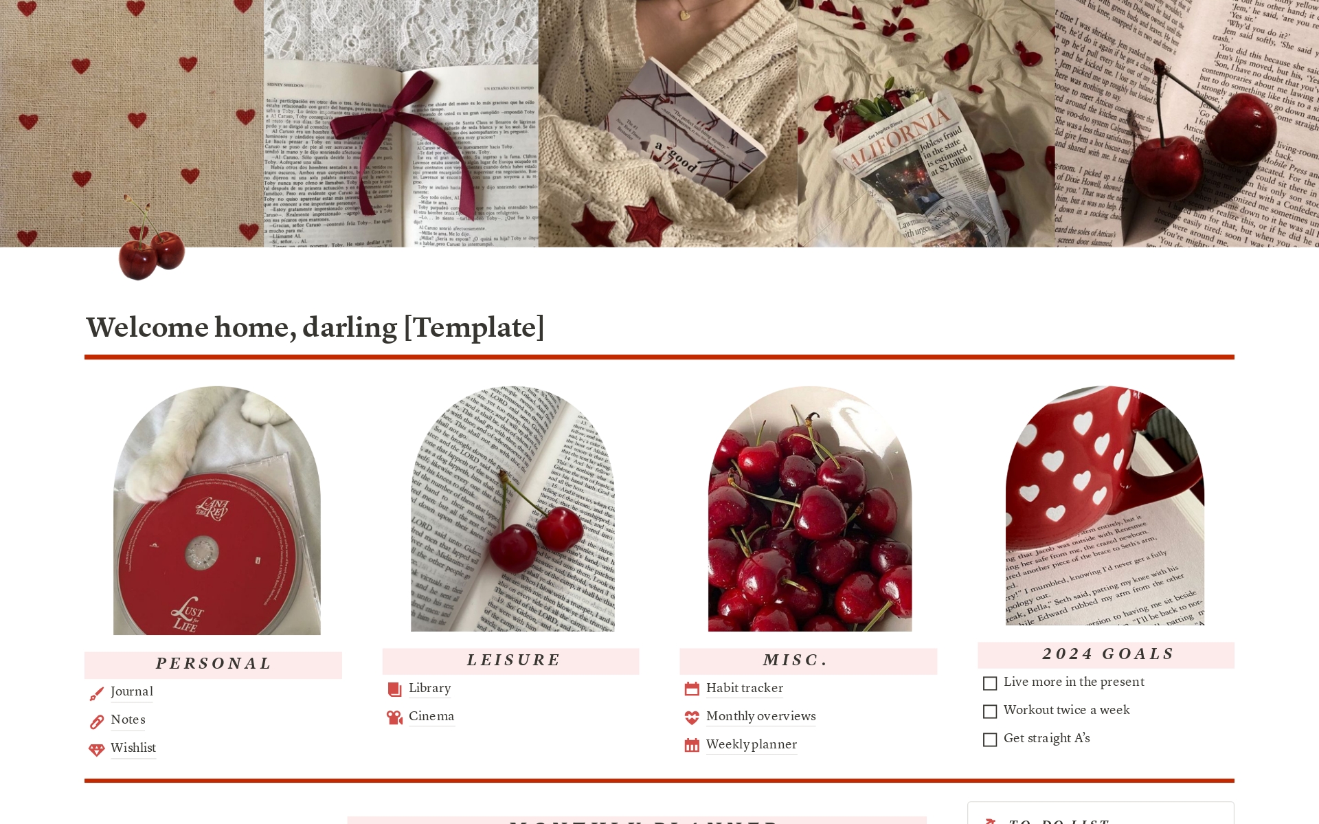 Notion homepage with a cherry red aesthetic!