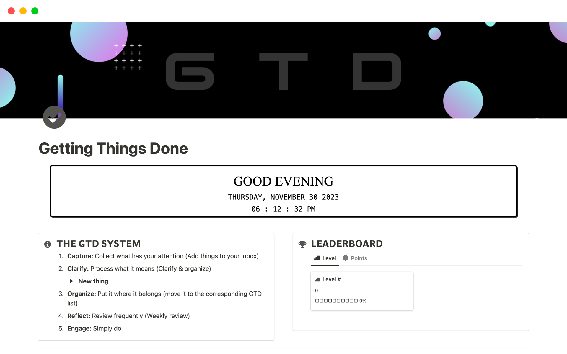 A template preview for GTD System