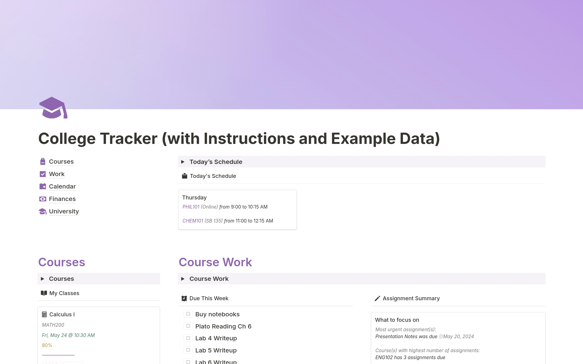 A comprehensive Notion template to help track your courses, assignments, notes, grades, finances, calendars and more!