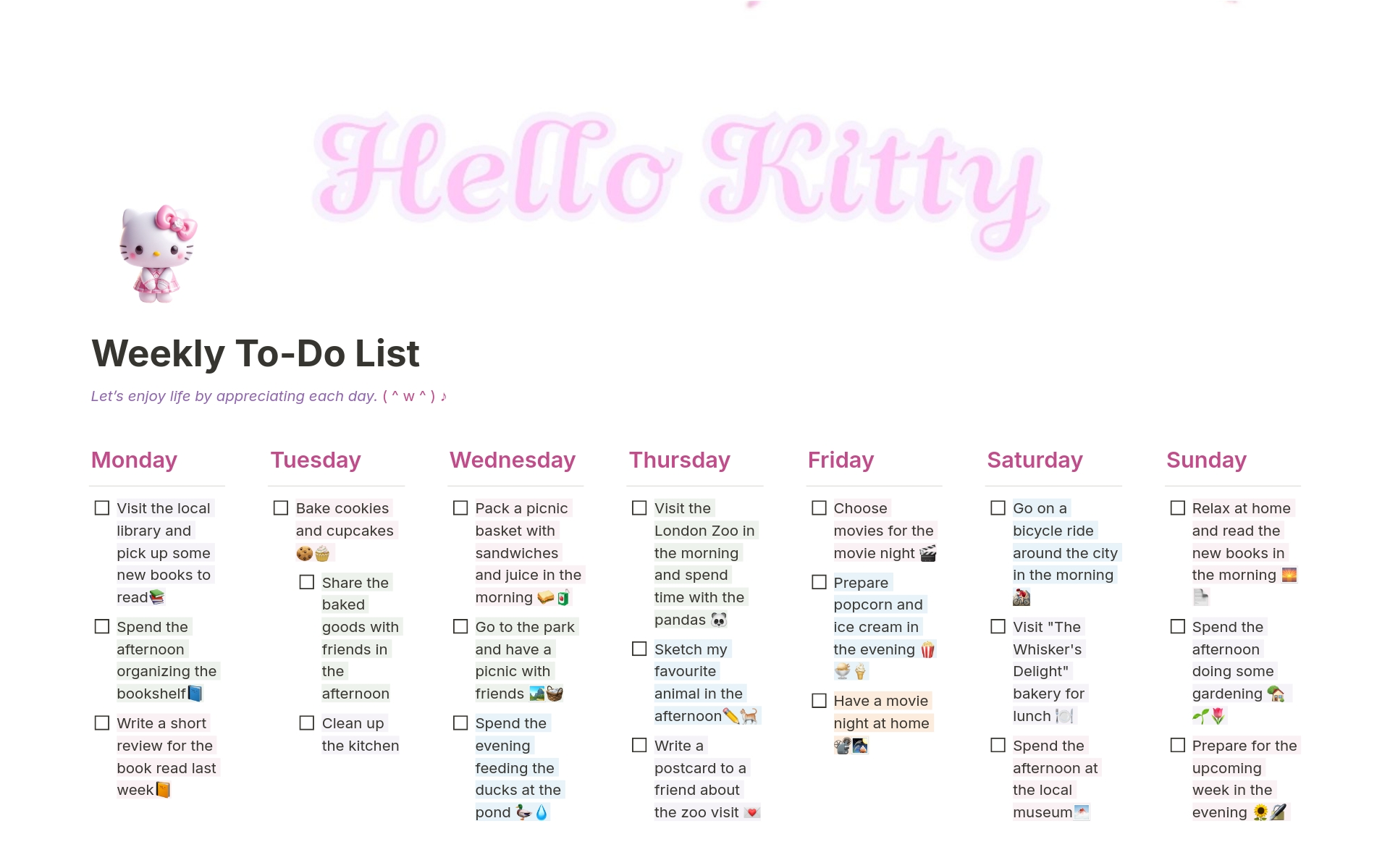 Hello Kitty Weekly To-Do Listのテンプレートのプレビュー