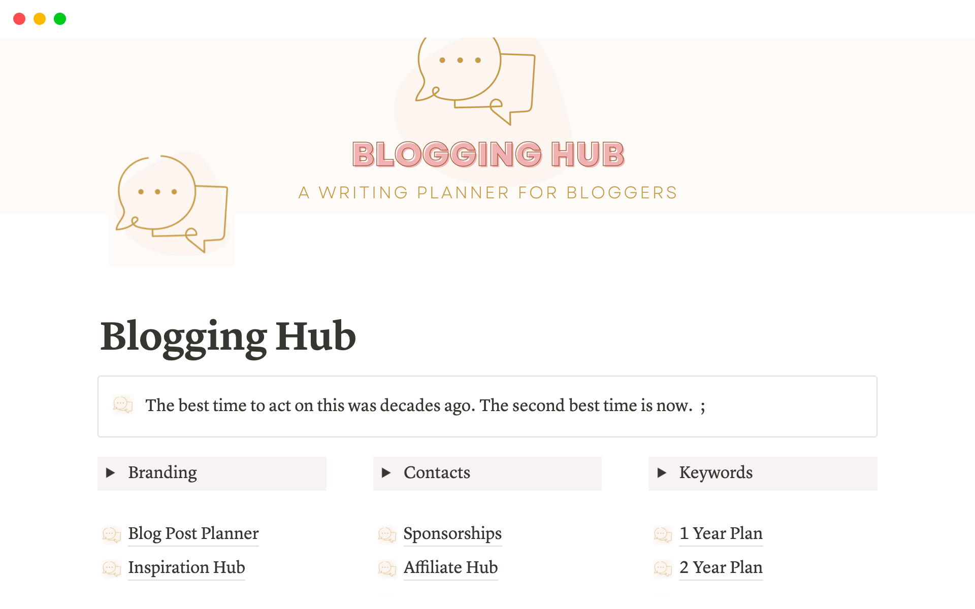 Uma prévia do modelo para Blog Planner Notion Template
