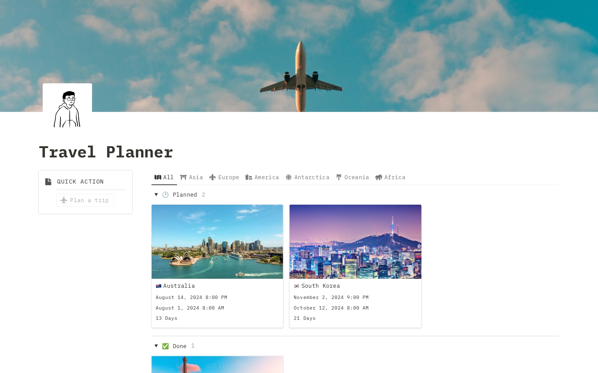 What is this Travel Planner ?
With this Notion template, you will be able to plan your next trips like a pro ! 
For each trip you will have a multitude of features to well prepare you next travel (accomodations, checklists, finances, activities etc...)