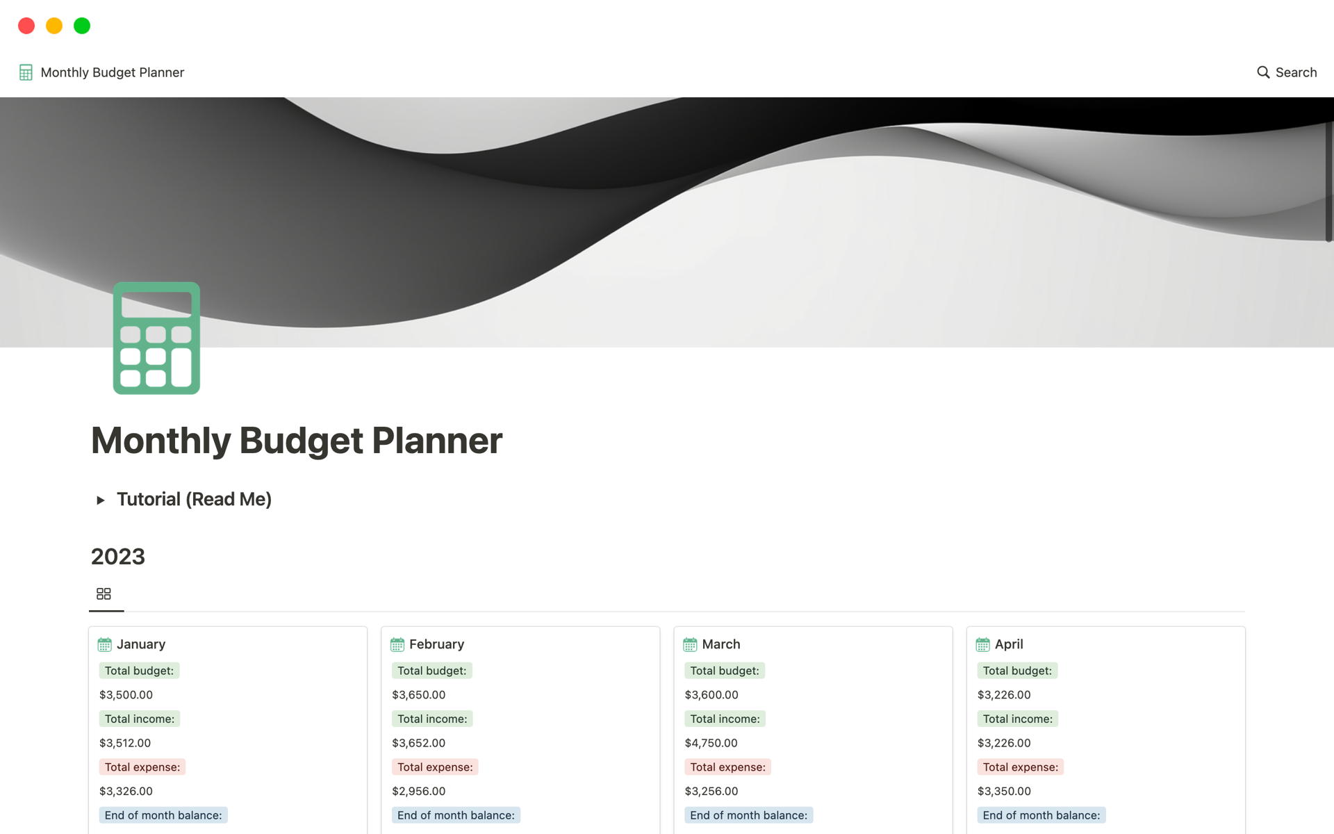 Vista previa de plantilla para Budget planner with automatic remaining budget