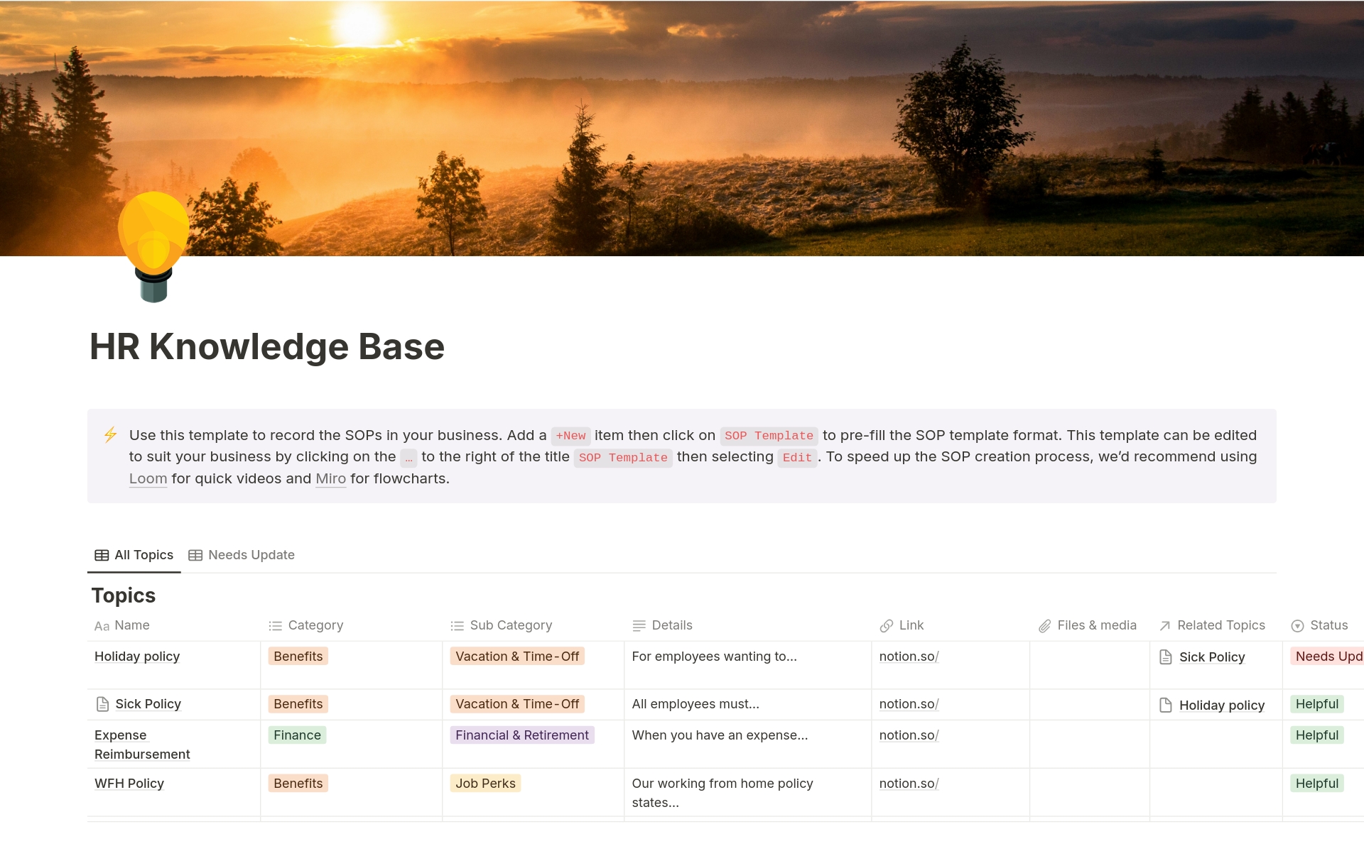 A template preview for HR Knowledge Base