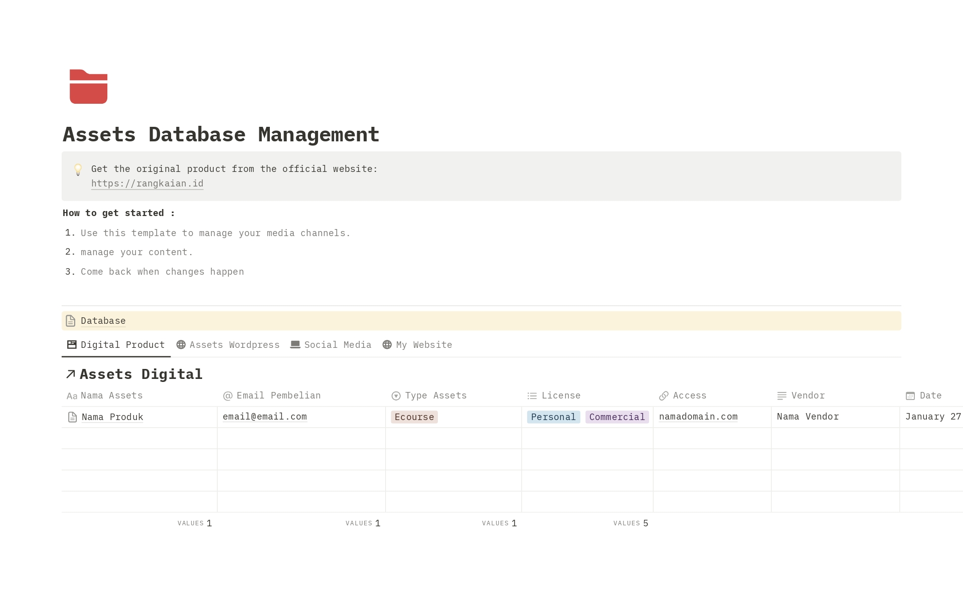 Vista previa de una plantilla para Assets Database Management