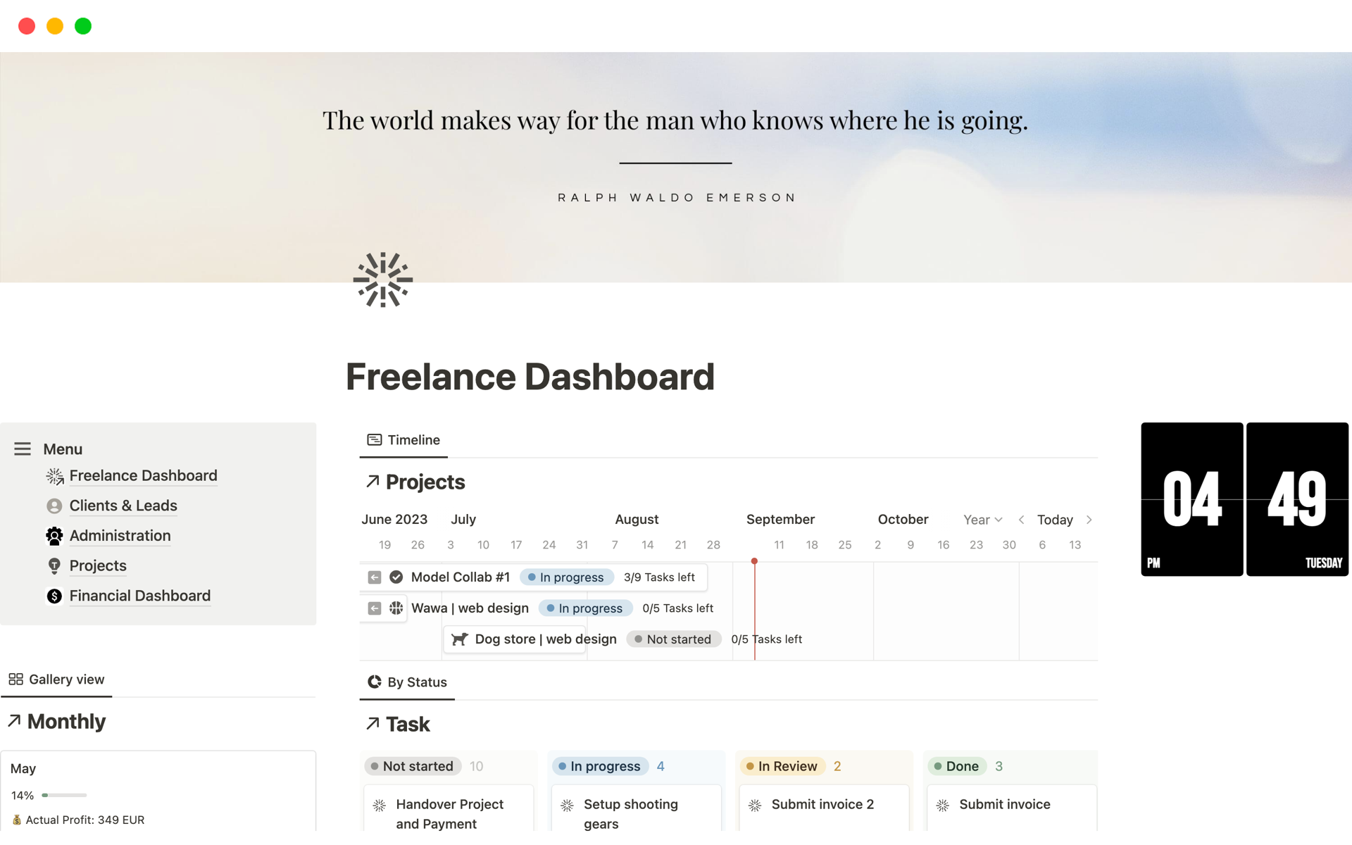 En forhåndsvisning av mal for Freelance Dashboard