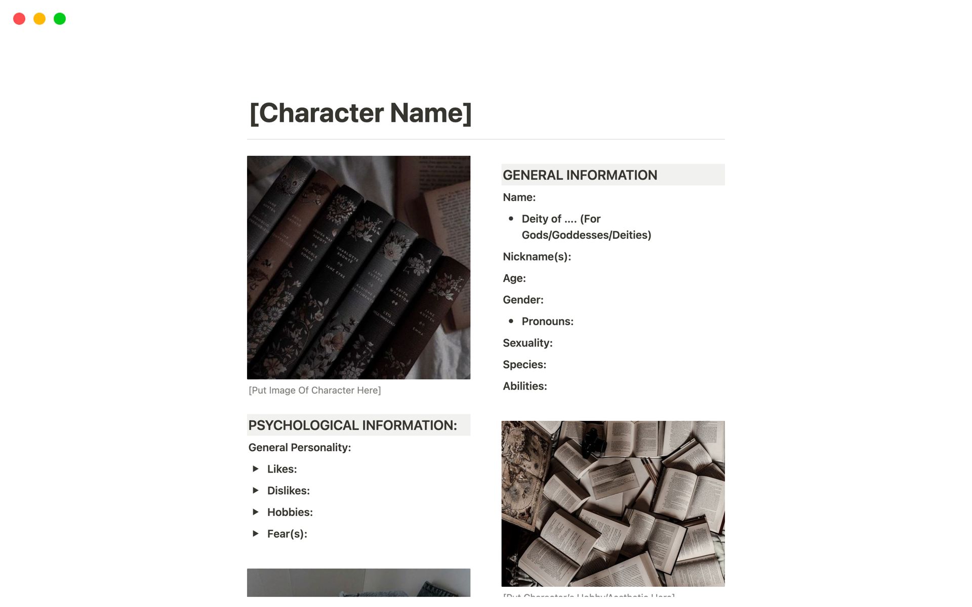 En förhandsgranskning av mallen för Character Sheet Template