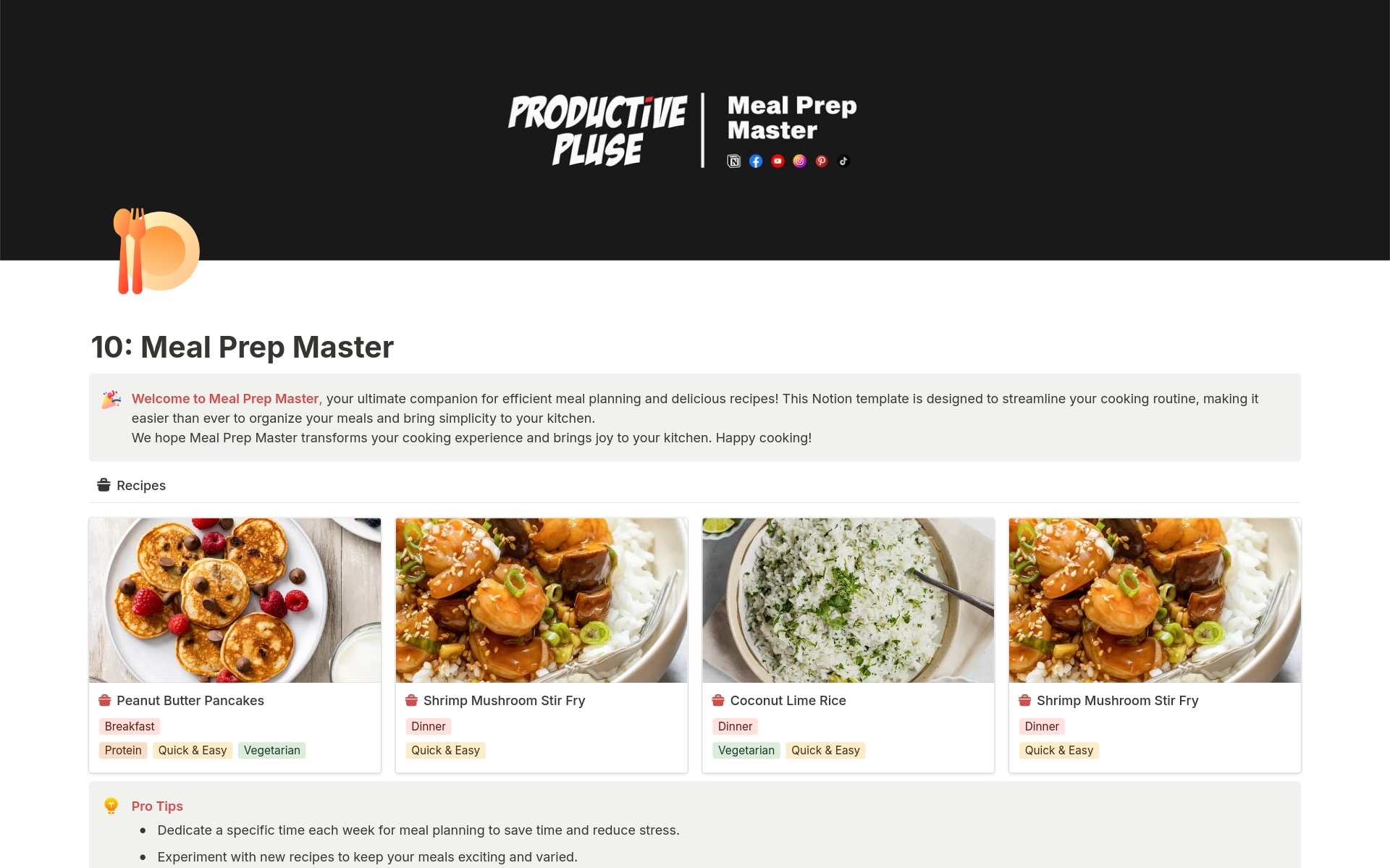 A template preview for Meal Prep Master