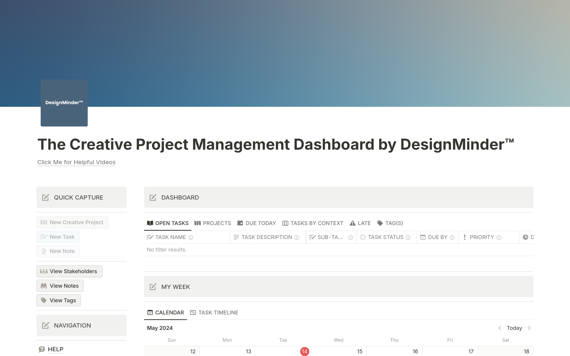 Transform your creative workflow with DesignMinder™ and see the difference in your organization, creativity, and focus today! Our dashboard blends traditional task management methodologies with Notion's flexibility to adapt to the unique demands of the creative industry.