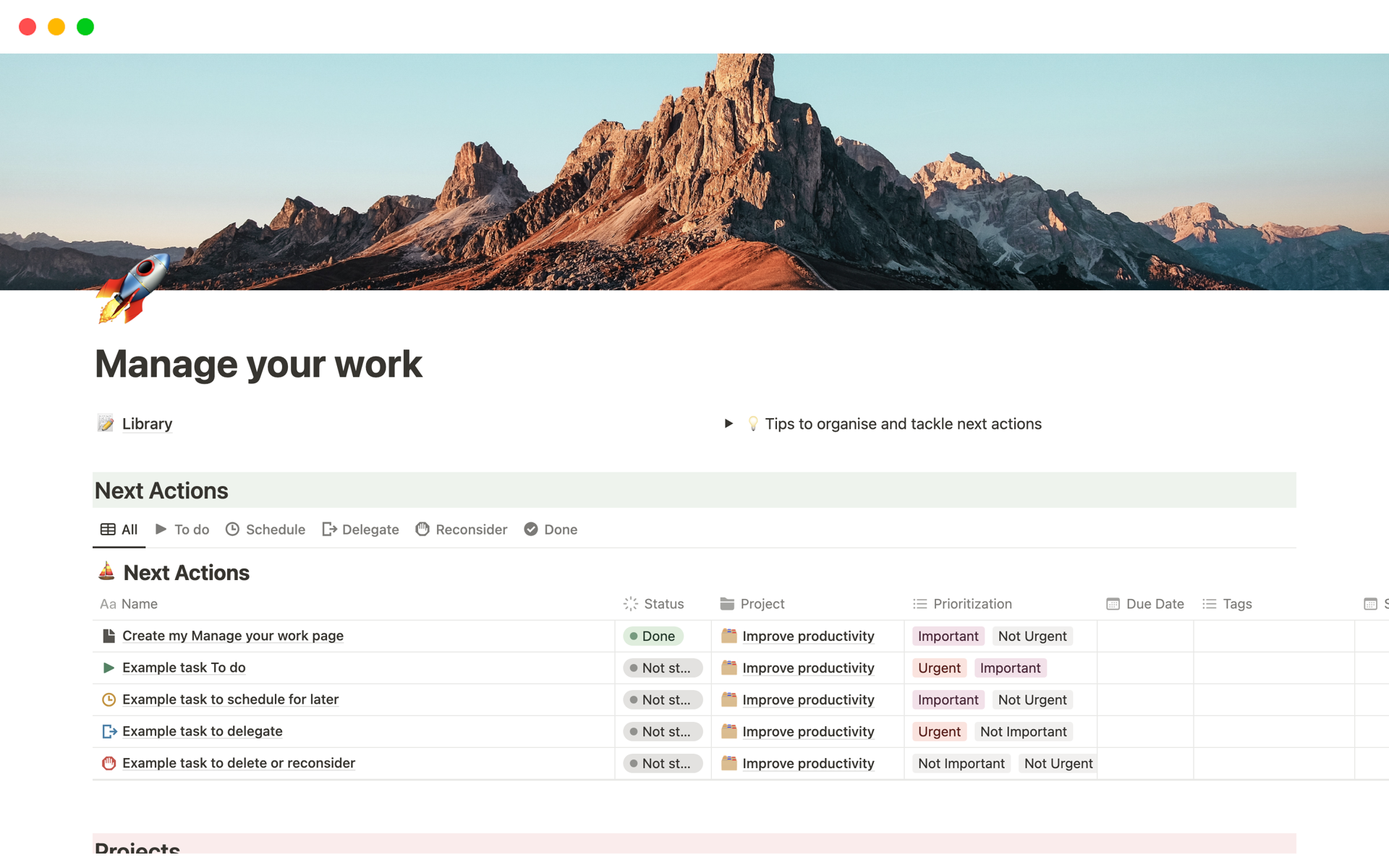 A template preview for Manage your work