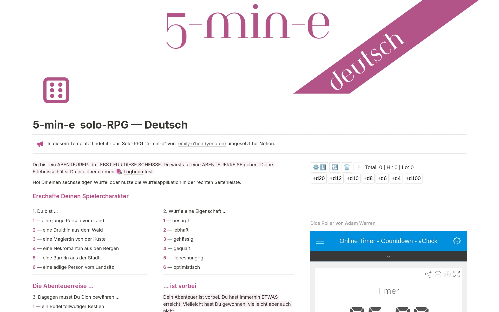 Vista previa de una plantilla para 5-min-e  Solo-RPG — Deutsch — Das Pausen-Spiel