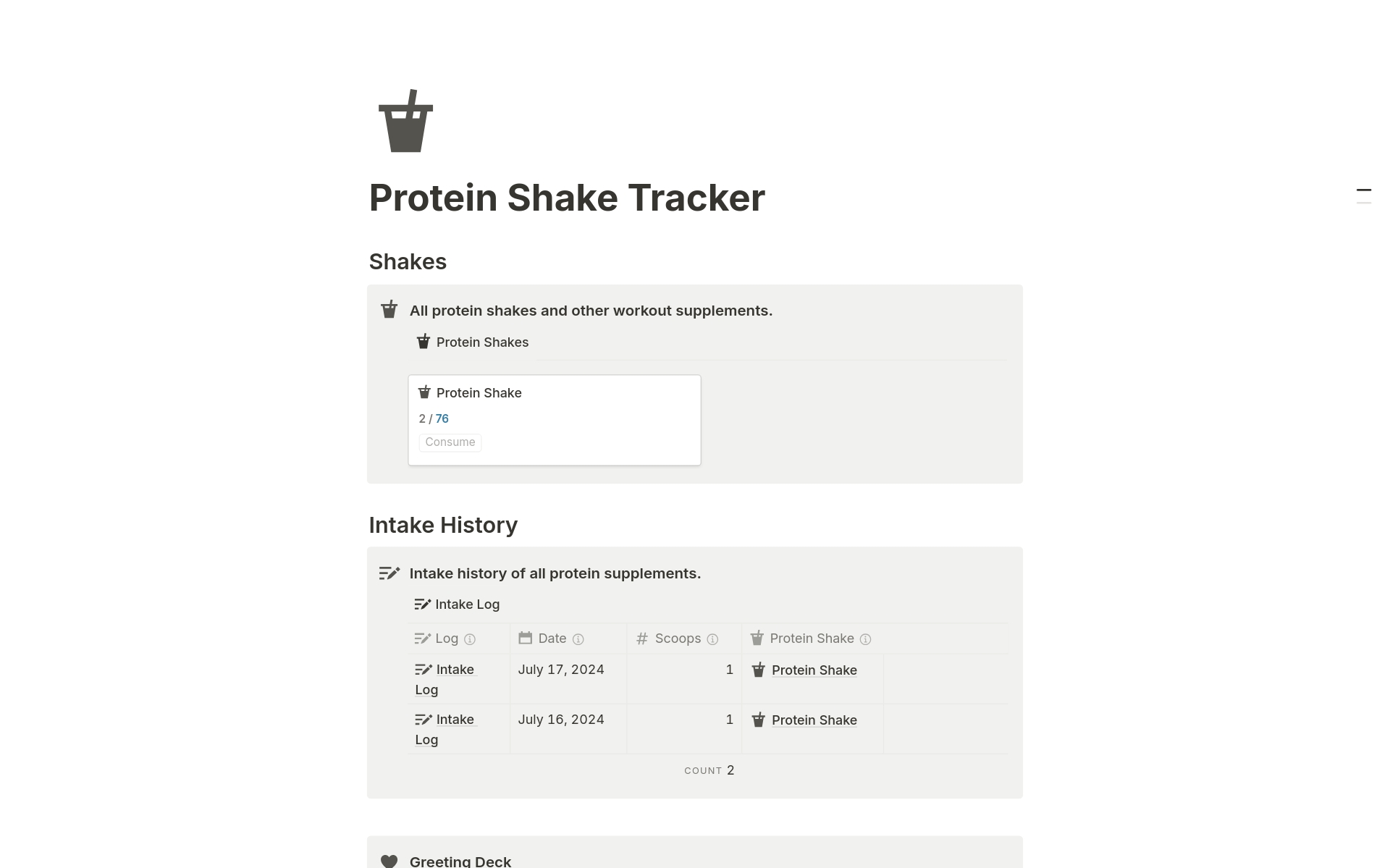 Protein Shake Tracker is a simple and easy-to-use protein scoop tracker. Easily track how many scoops of protein you've consumed and how much protein you have left. 