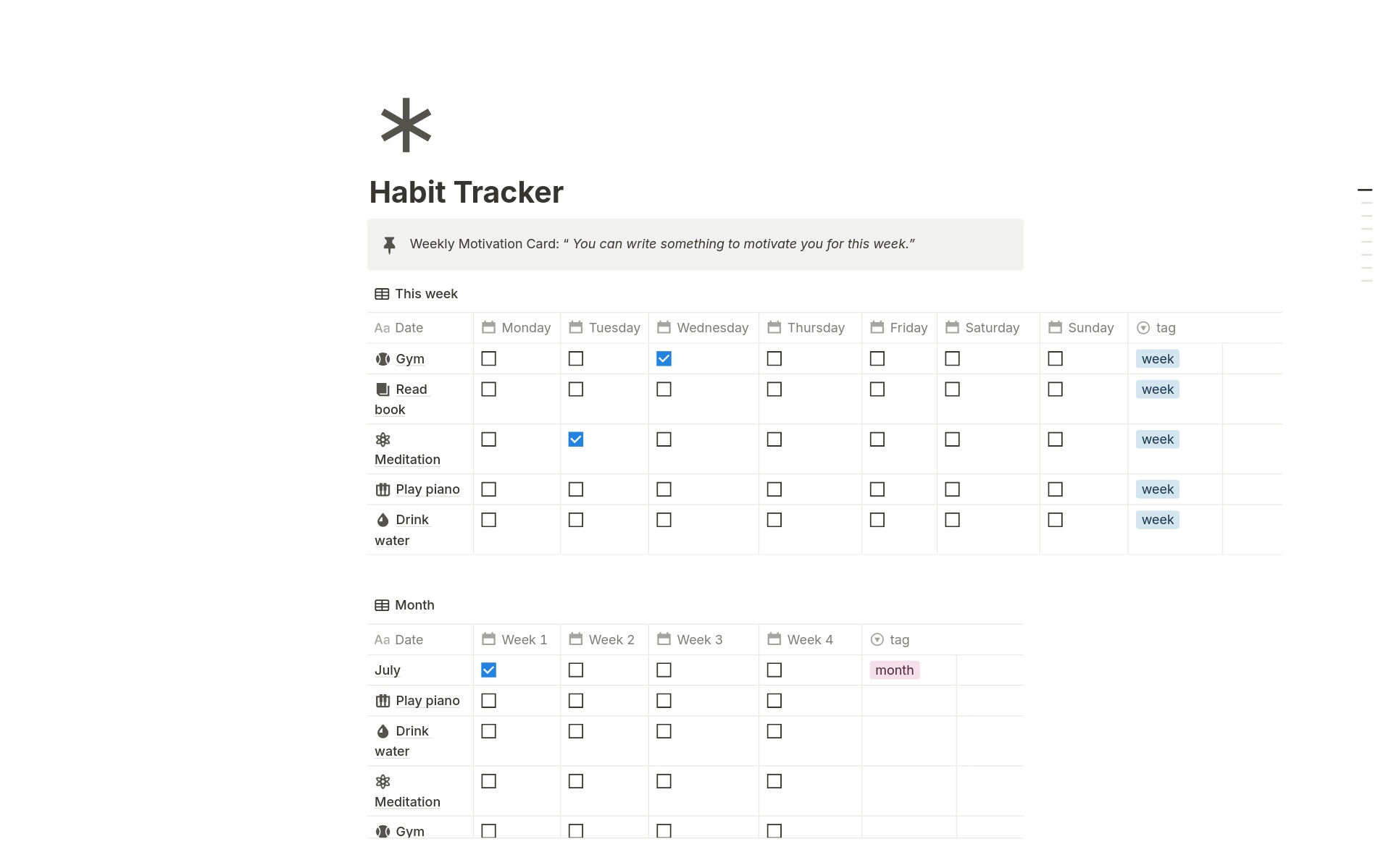 En förhandsgranskning av mallen för Habit Tracker