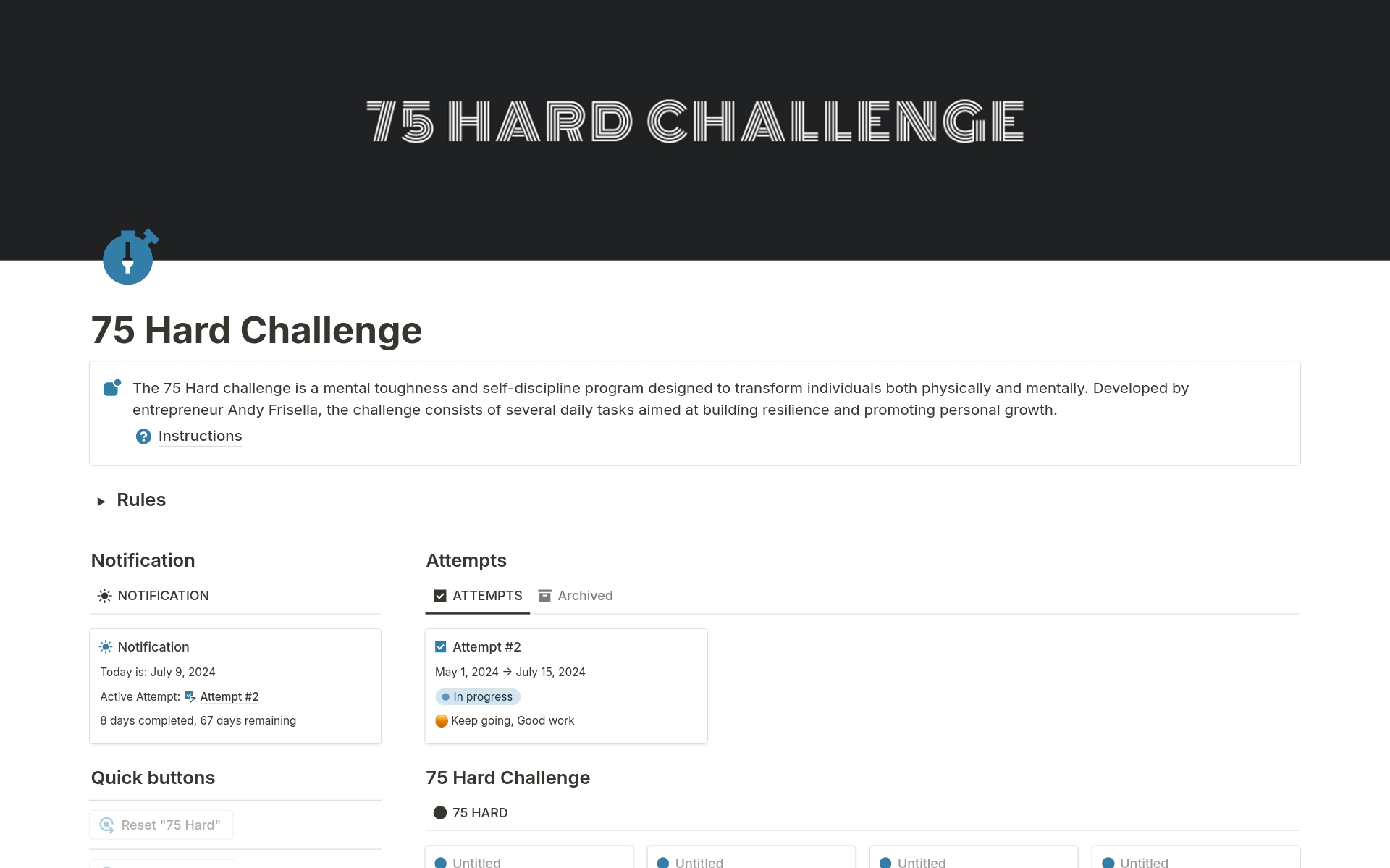 A template preview for 75 hard challenge tracker