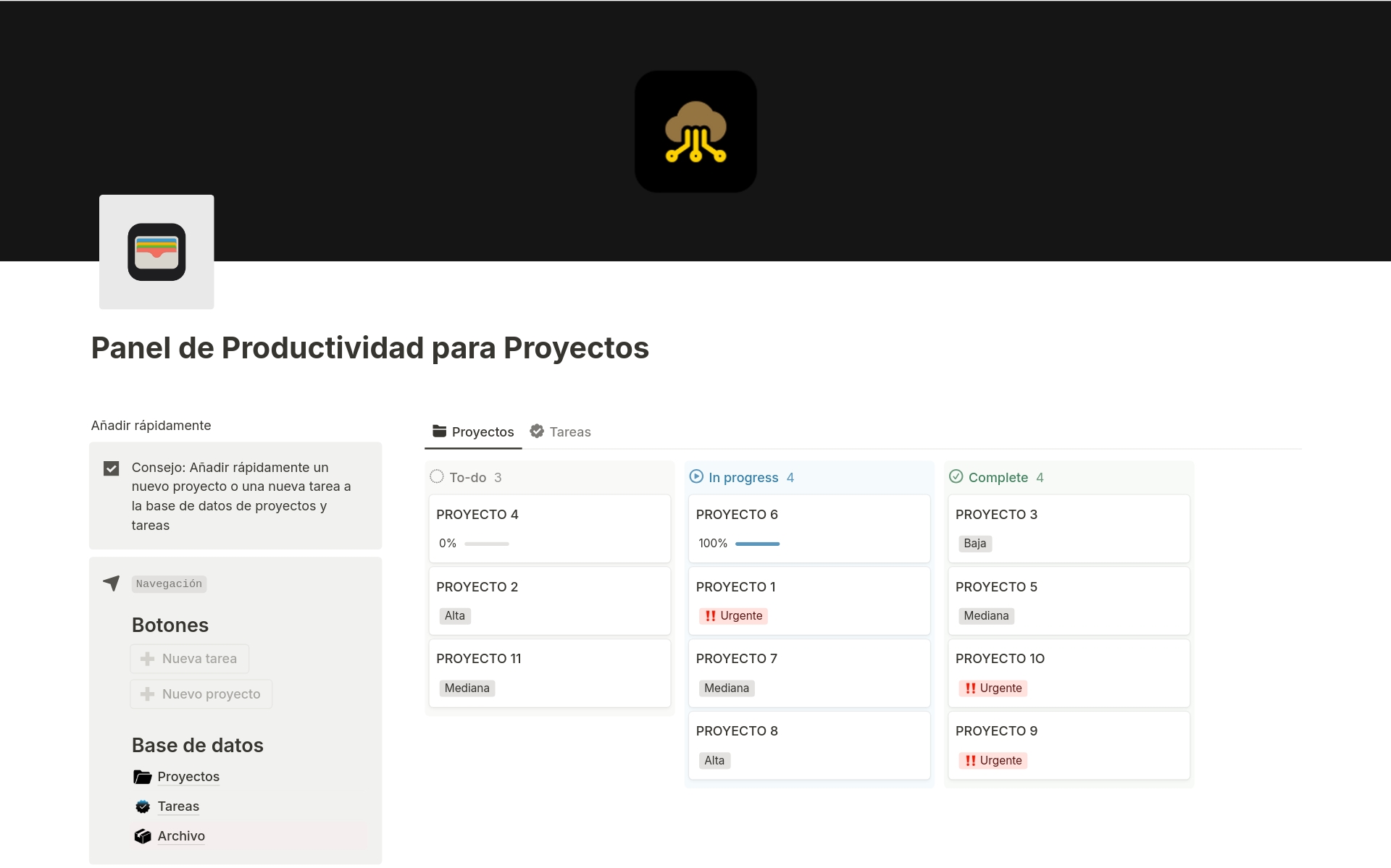 En förhandsgranskning av mallen för Gestor de Proyectos para Equipos 