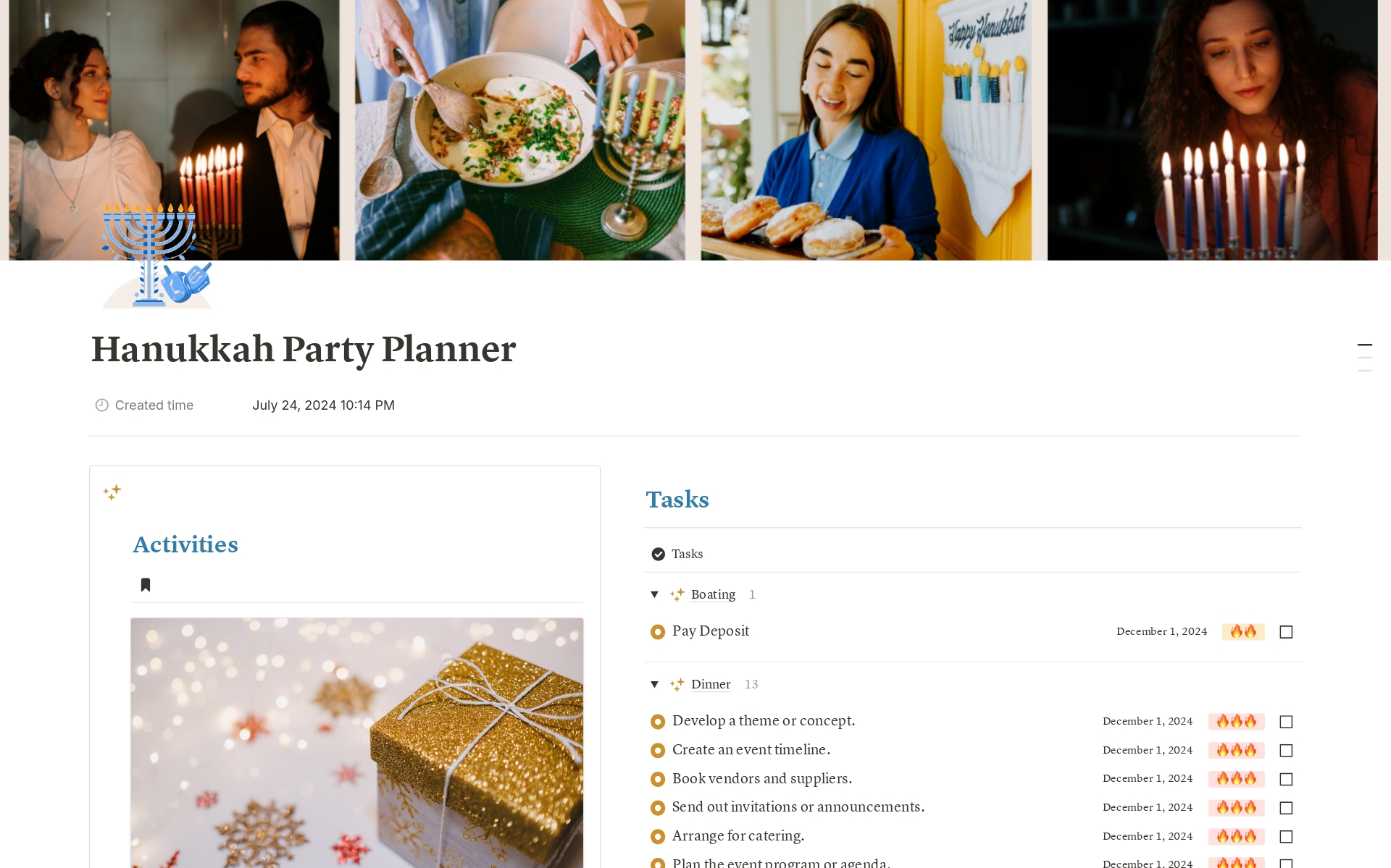 Perfect for organizing any holiday celebration with ease, this Hanukkah Party event planner includes tracking for guests, tasks, supplies, gifts, and notepad as the countdown nears.