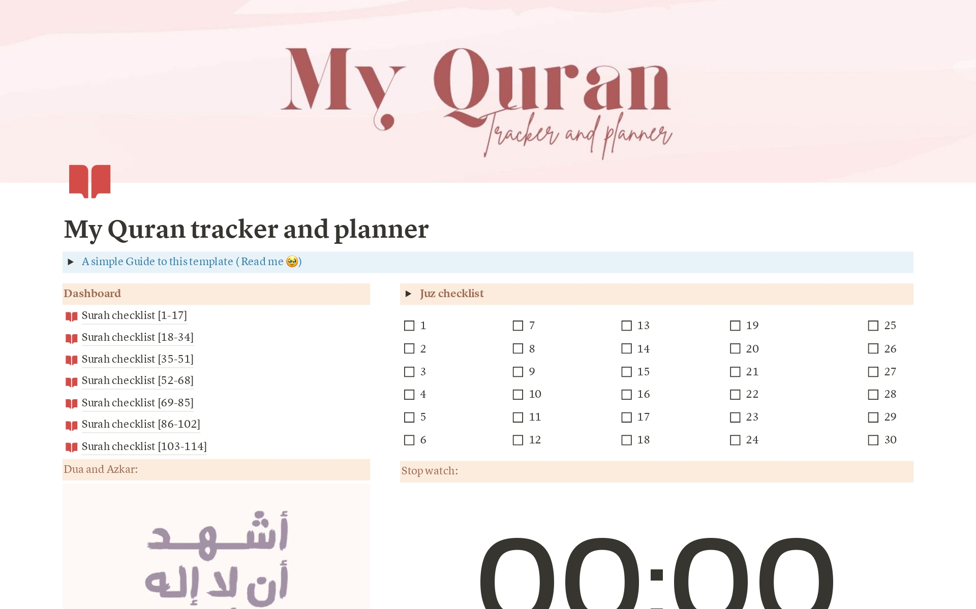 En forhåndsvisning av mal for My Quran tracker and planner
