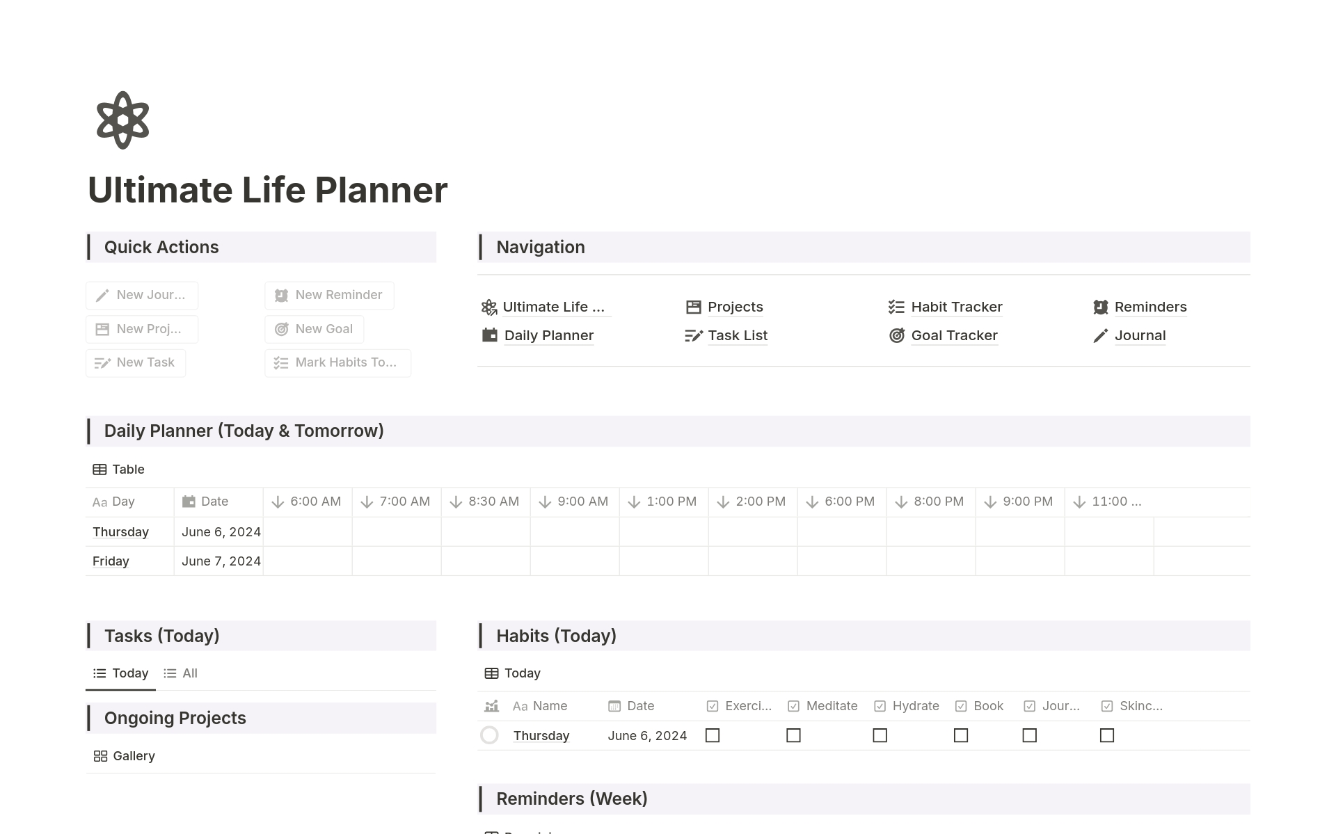 This template can conquer life's chaos! (Published in Notion's gallery!) Plan days hourly, track habits, journal, set reminders & manage projects. Daily tasks appear in the dashboard - stay organized, achieve goals & get notified! Download your "Life Planner" Notion template 