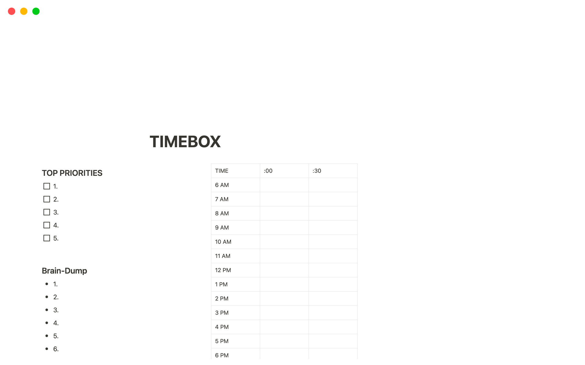 Standard Timeboxing Template