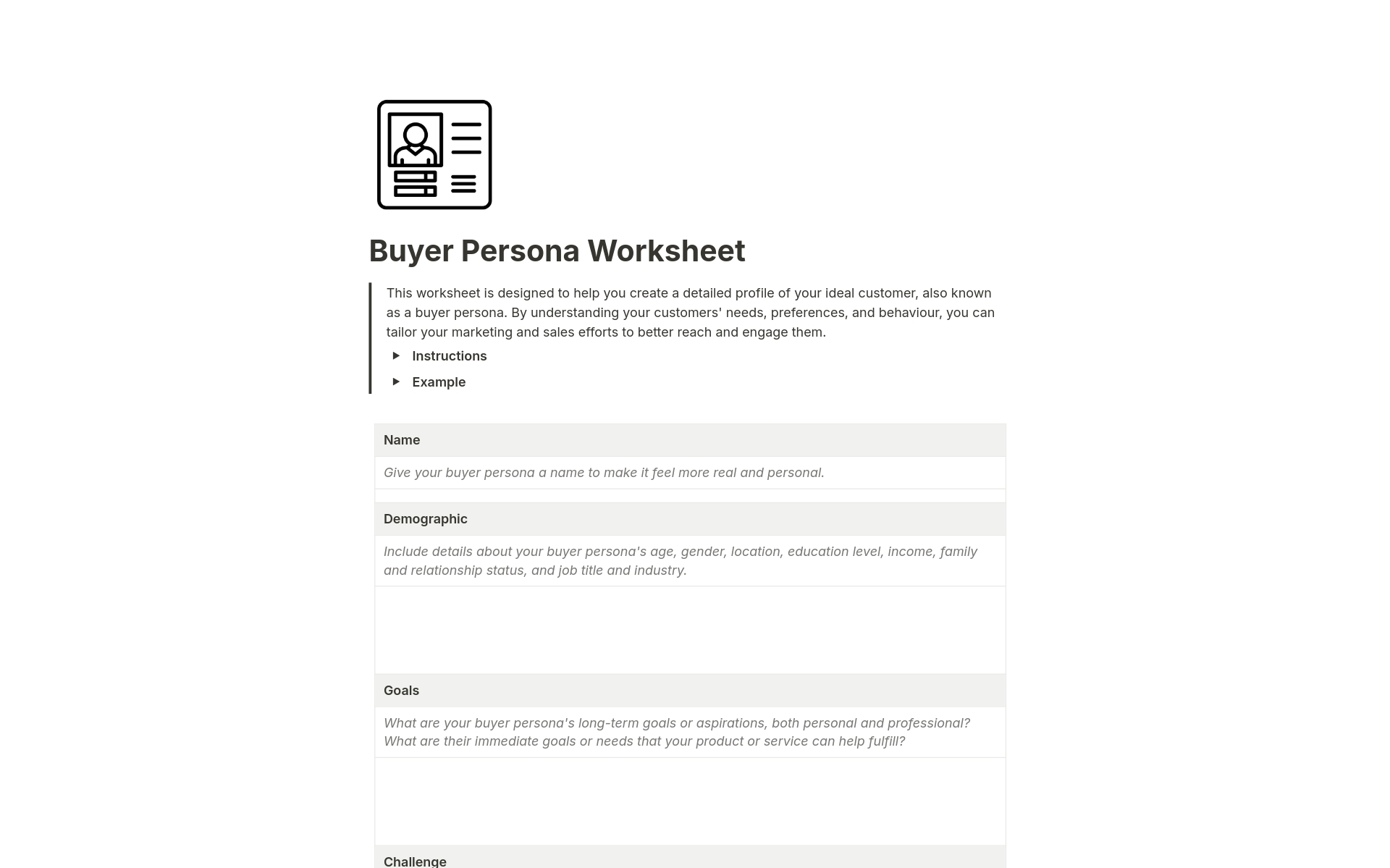En forhåndsvisning av mal for Buyer Persona Worksheet 