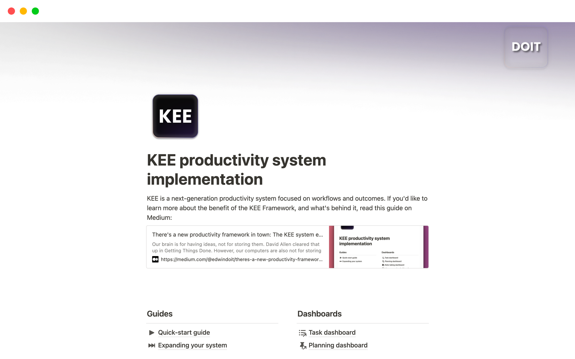 Vista previa de una plantilla para The KEE productivity system
