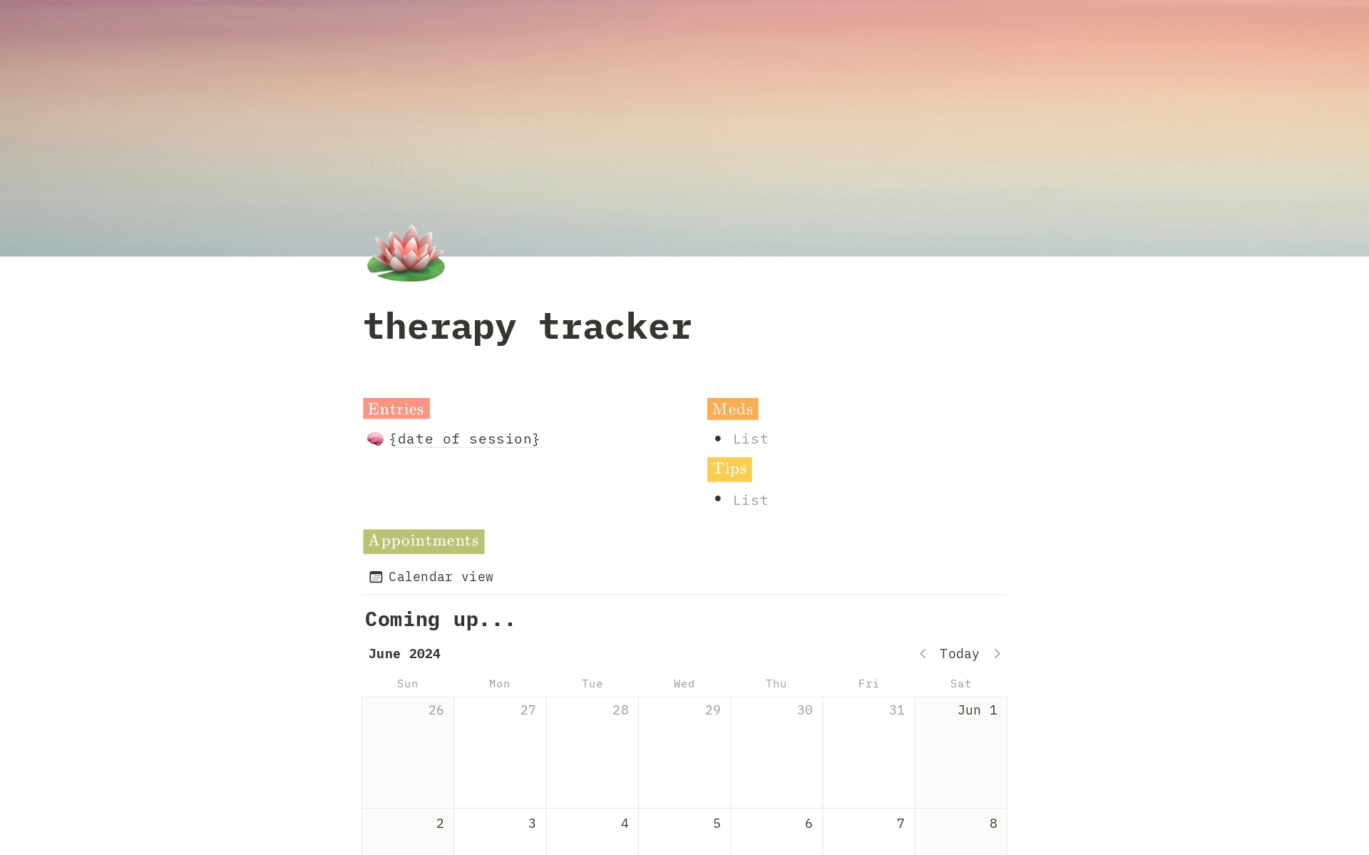 therapy trackerのテンプレートのプレビュー