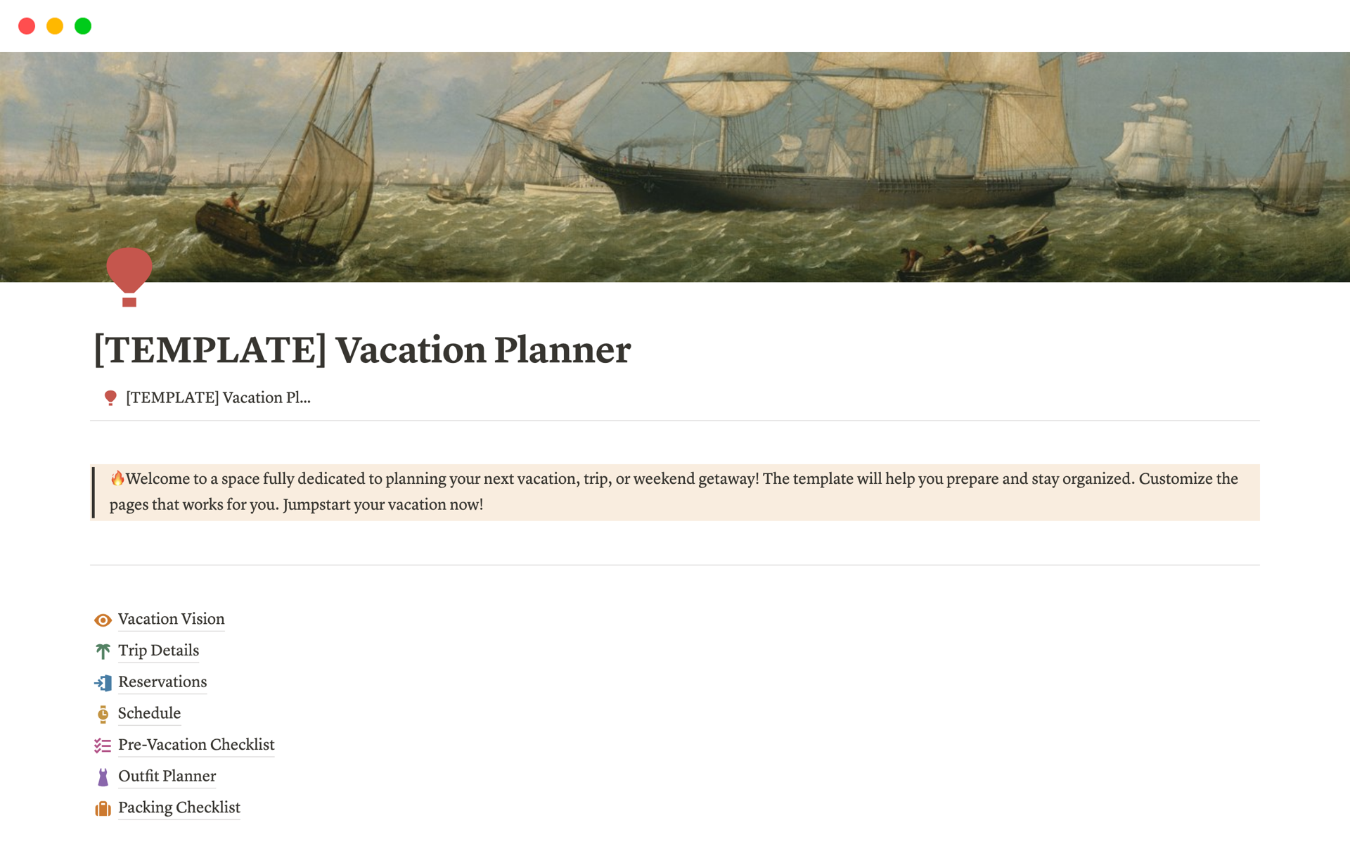 Vacation Planner - from trip idea, planning, and booking to packing - this template is your all-in-one vacation hub.
