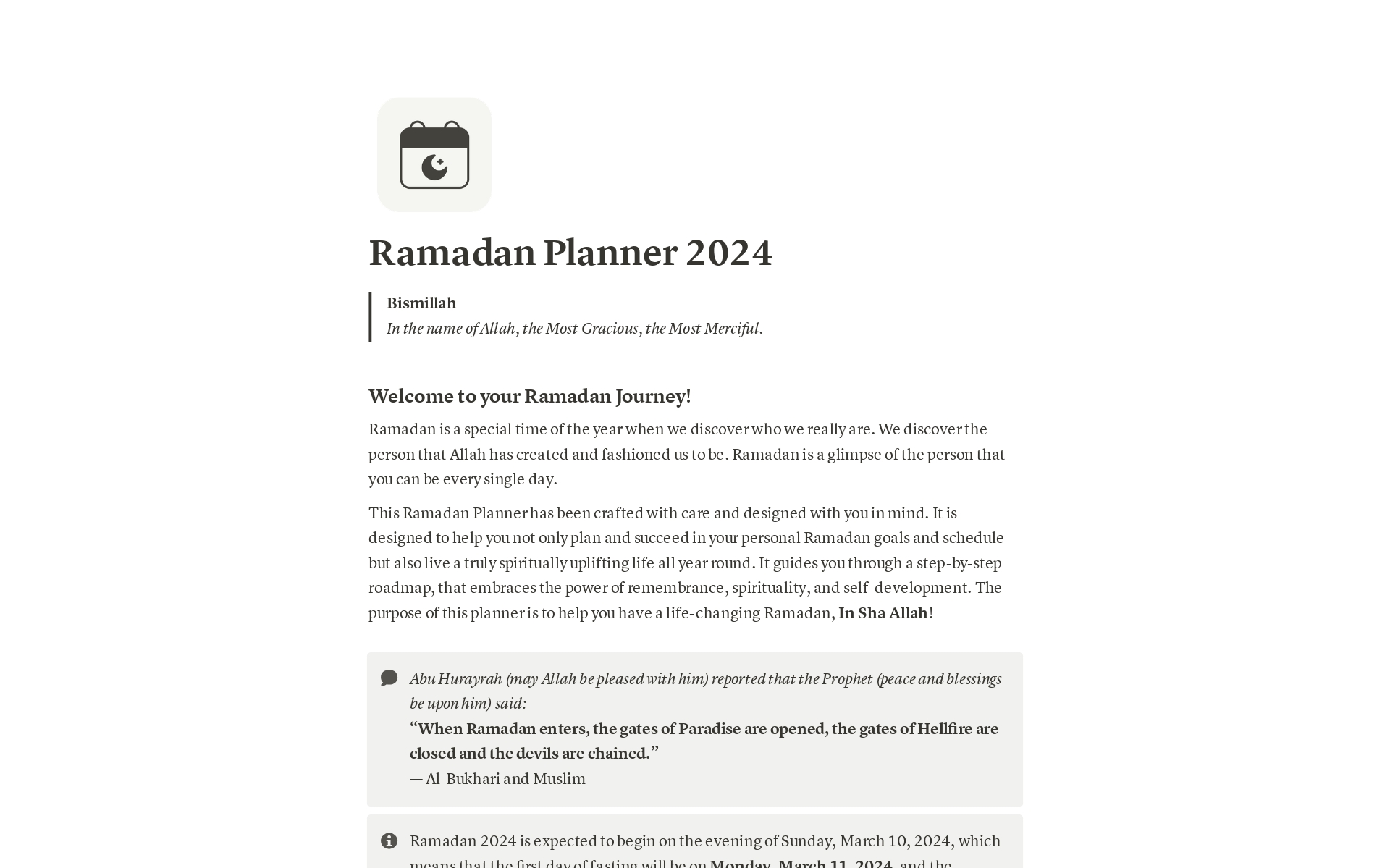 En forhåndsvisning av mal for Ramadan Planner