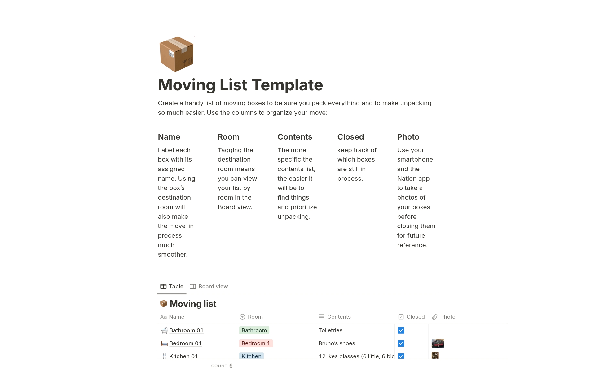 En förhandsgranskning av mallen för Moving List