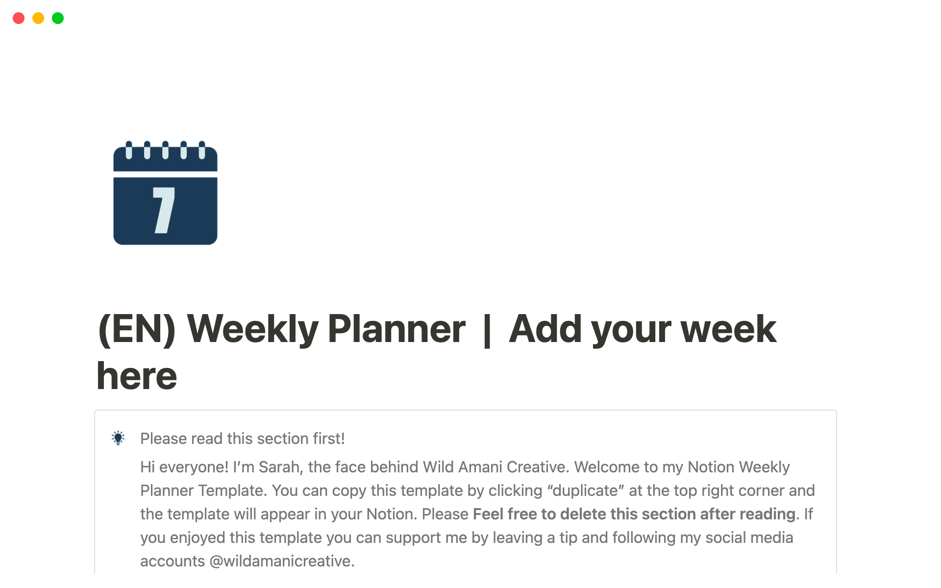 En forhåndsvisning av mal for Notion Weekly Planner
