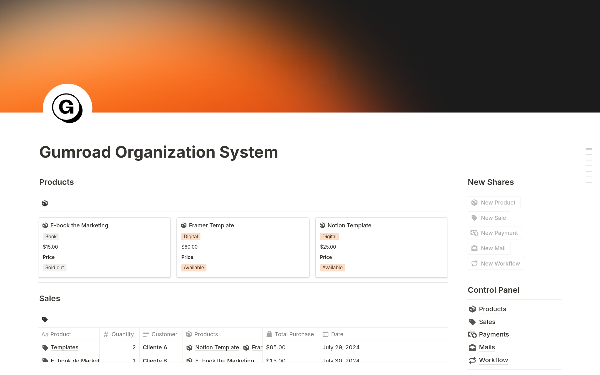 A template preview for Gumroad Organization System