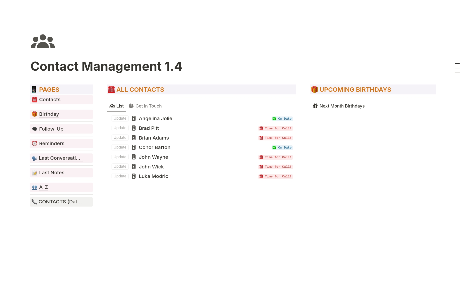 A template preview for Contact Management